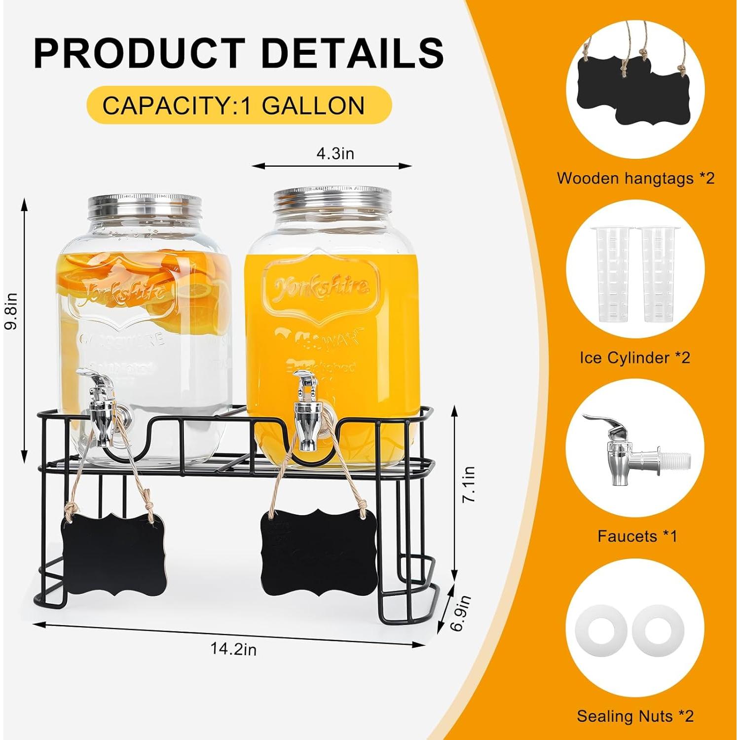 Paquete de 2 dispensadores de vidrio 3.78L con grifo y soporte