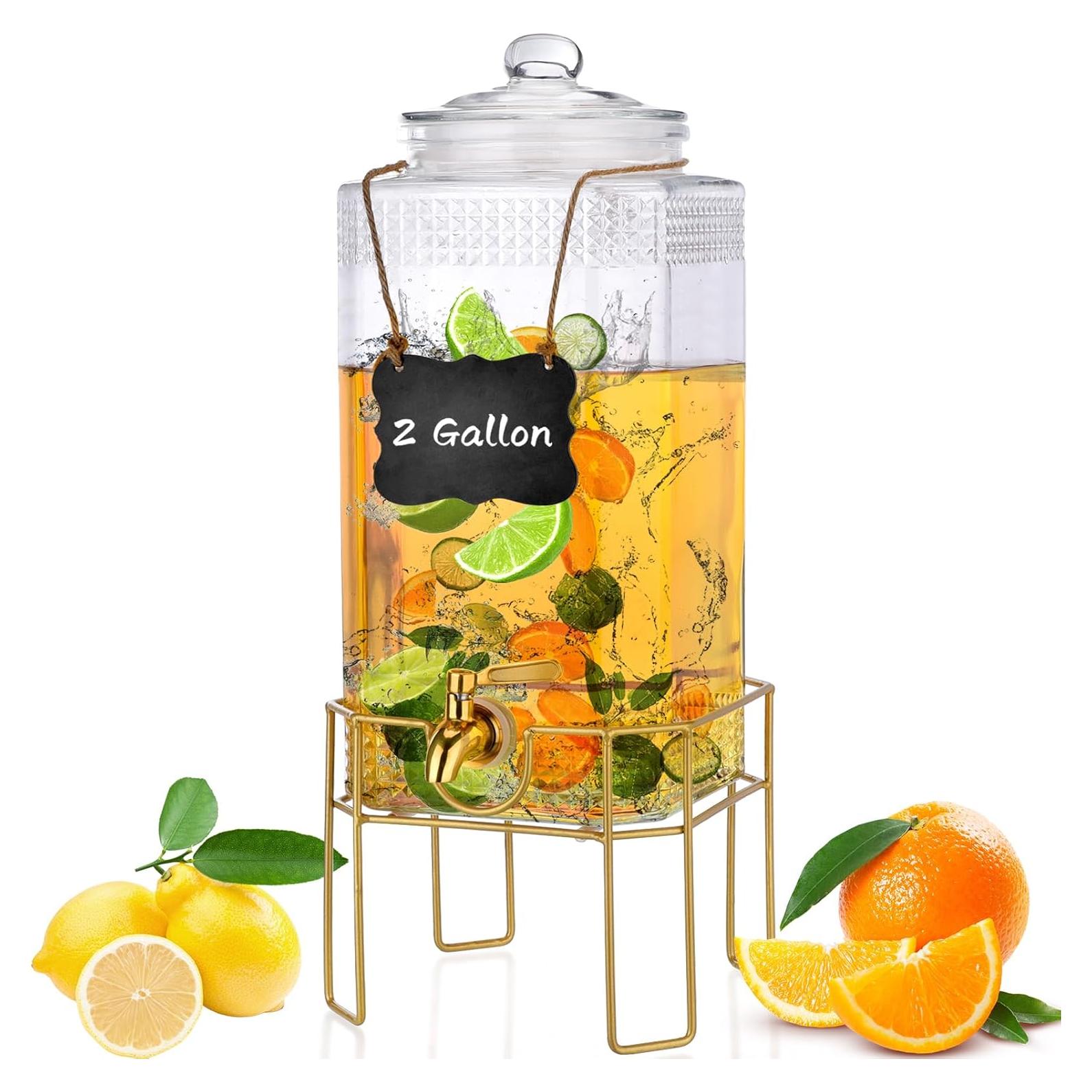 Dispensador de Bebidas de Vidrio FUREEY 2 Galones con Soporte Dorado