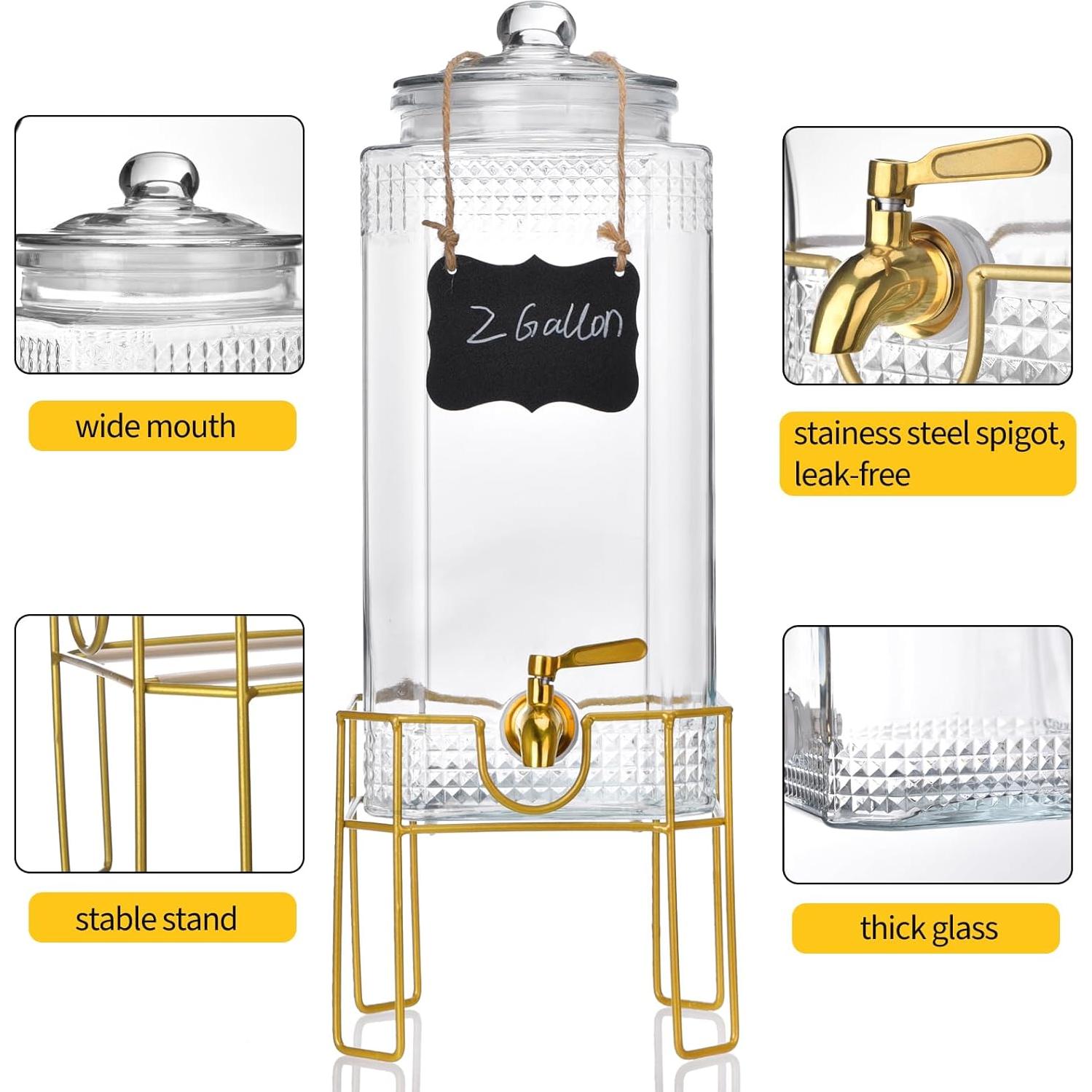 Dispensador de Bebidas de Vidrio FUREEY 2 Galones con Soporte Dorado