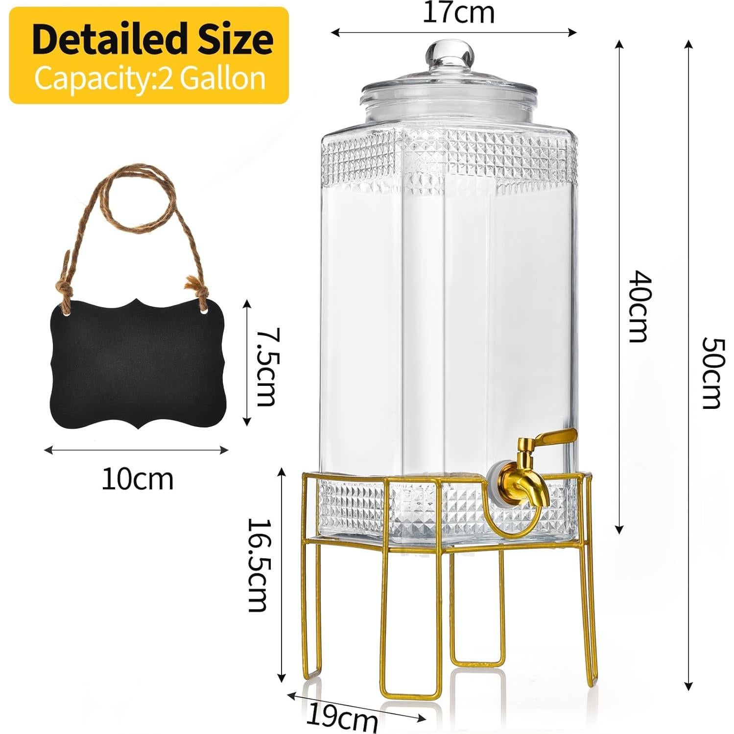 Dispensador de Bebidas de Vidrio FUREEY 2 Galones con Soporte Dorado