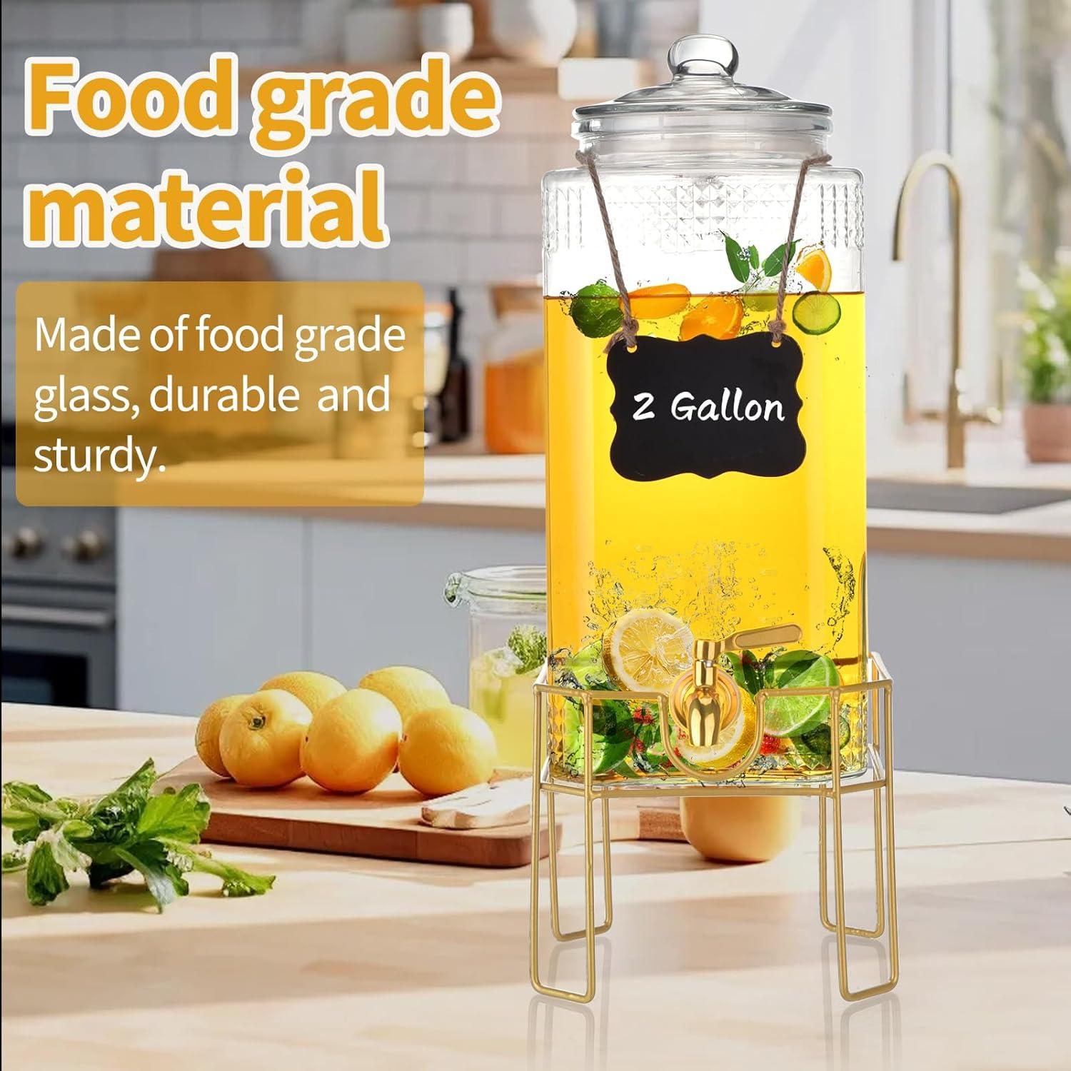 Dispensador de Bebidas de Vidrio FUREEY 2 Galones con Soporte Dorado