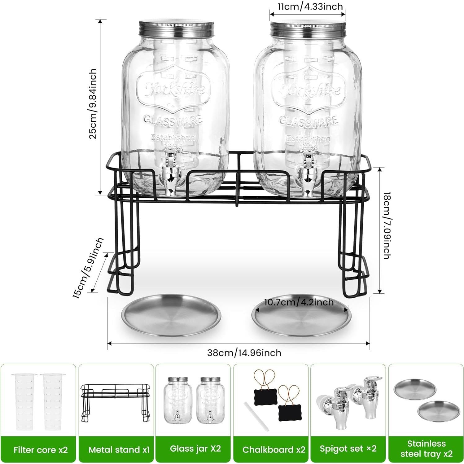 2 Dispensadores de Bebidas de Vidrio Quald 3.78L con Grifo