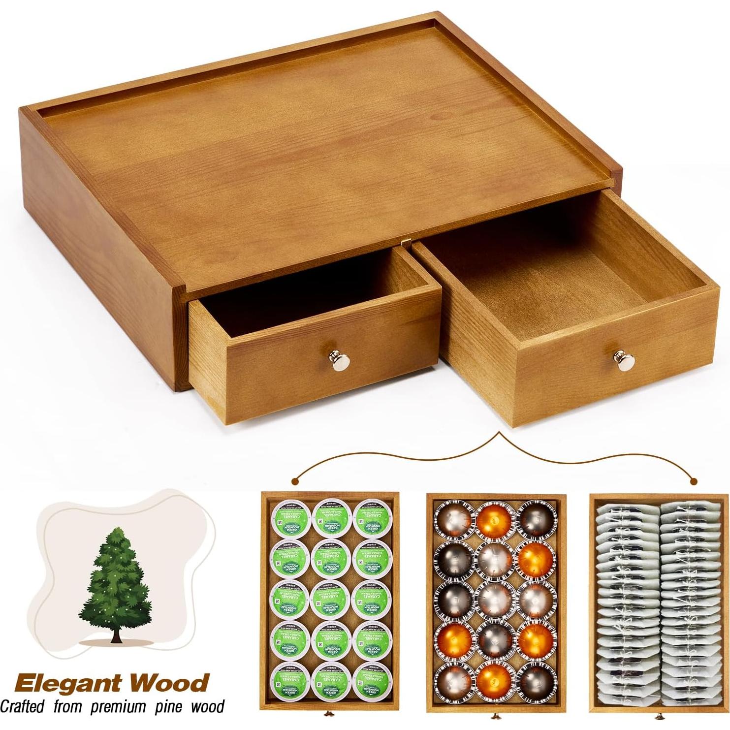 Organizador de K Cups Inlisy de Madera Natural con 2 Cajones