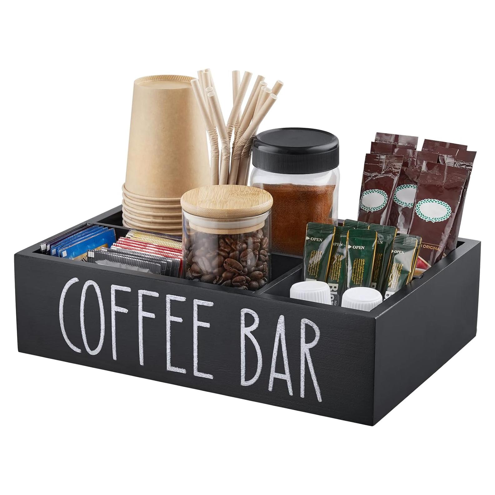 Organizador de Estación de Café ALEION - Madera Negra 4 Compartimentos