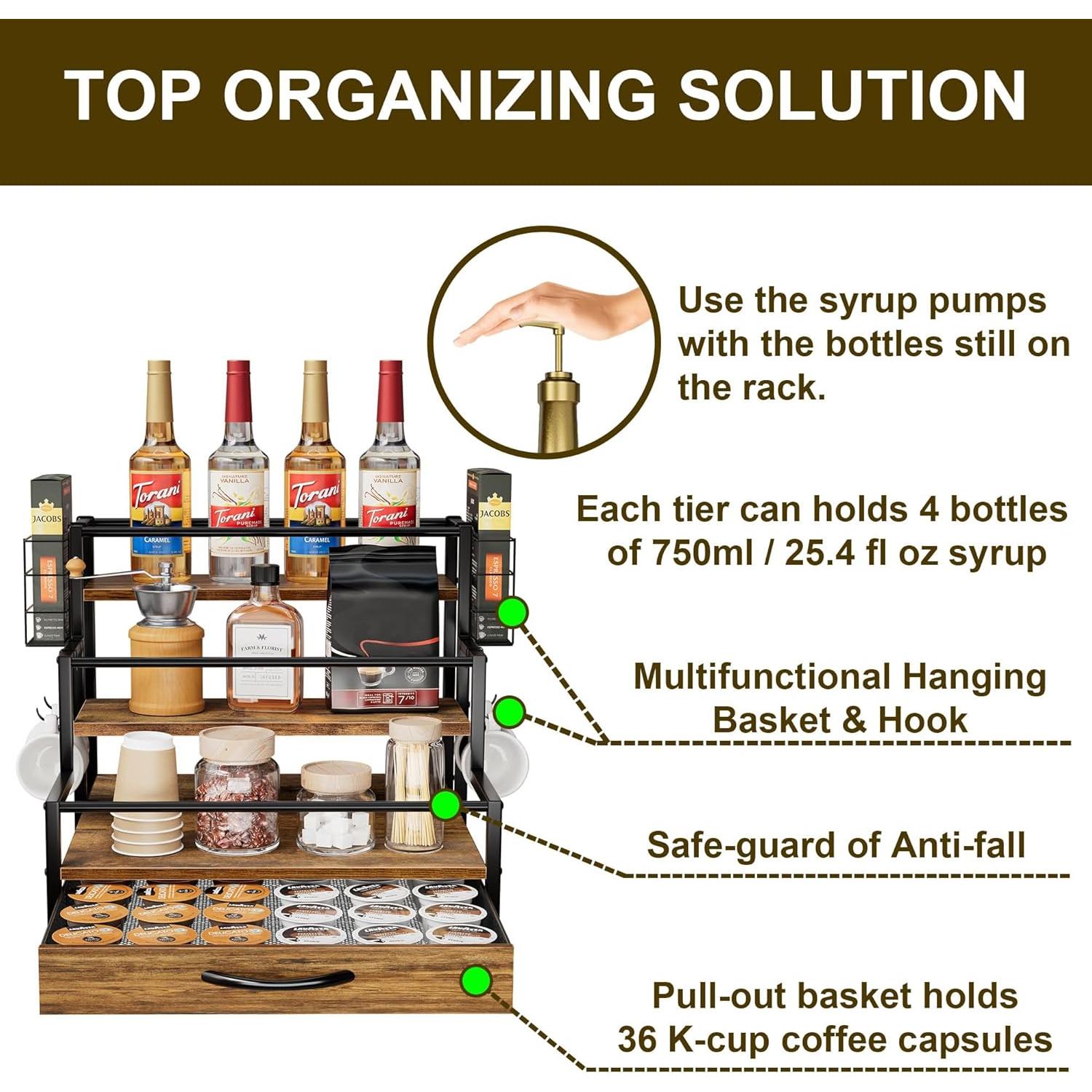 Organizador de Jarabes de Café OCPO HOME con Cajón para 36 Cápsulas