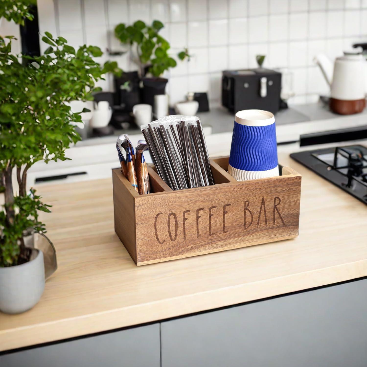 Organizador de Estación de Café LBEMEY de Madera Acacia 3 Compartimentos