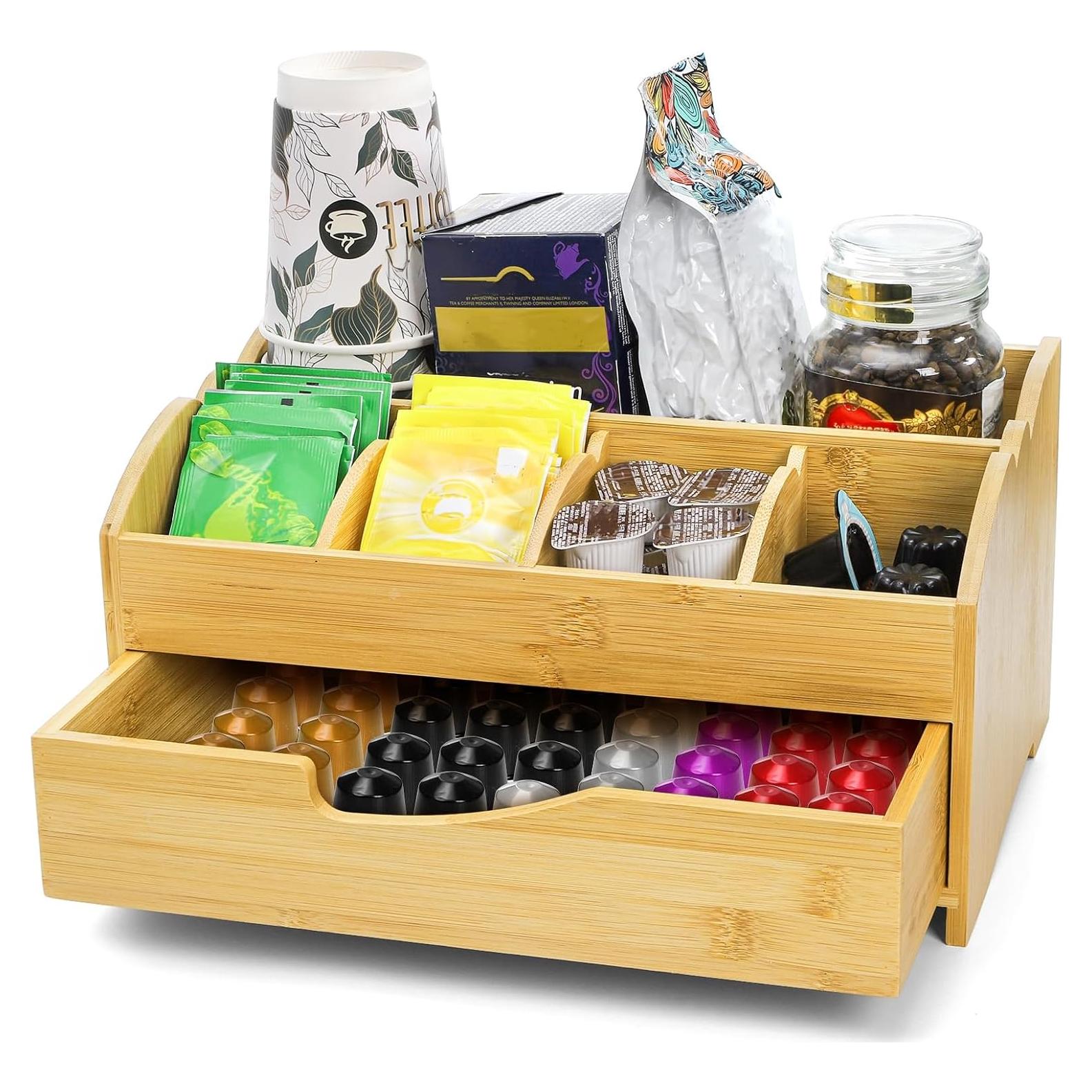 Organizador de Café Covzoe de Bambú con Cajón y 5 Compartimentos