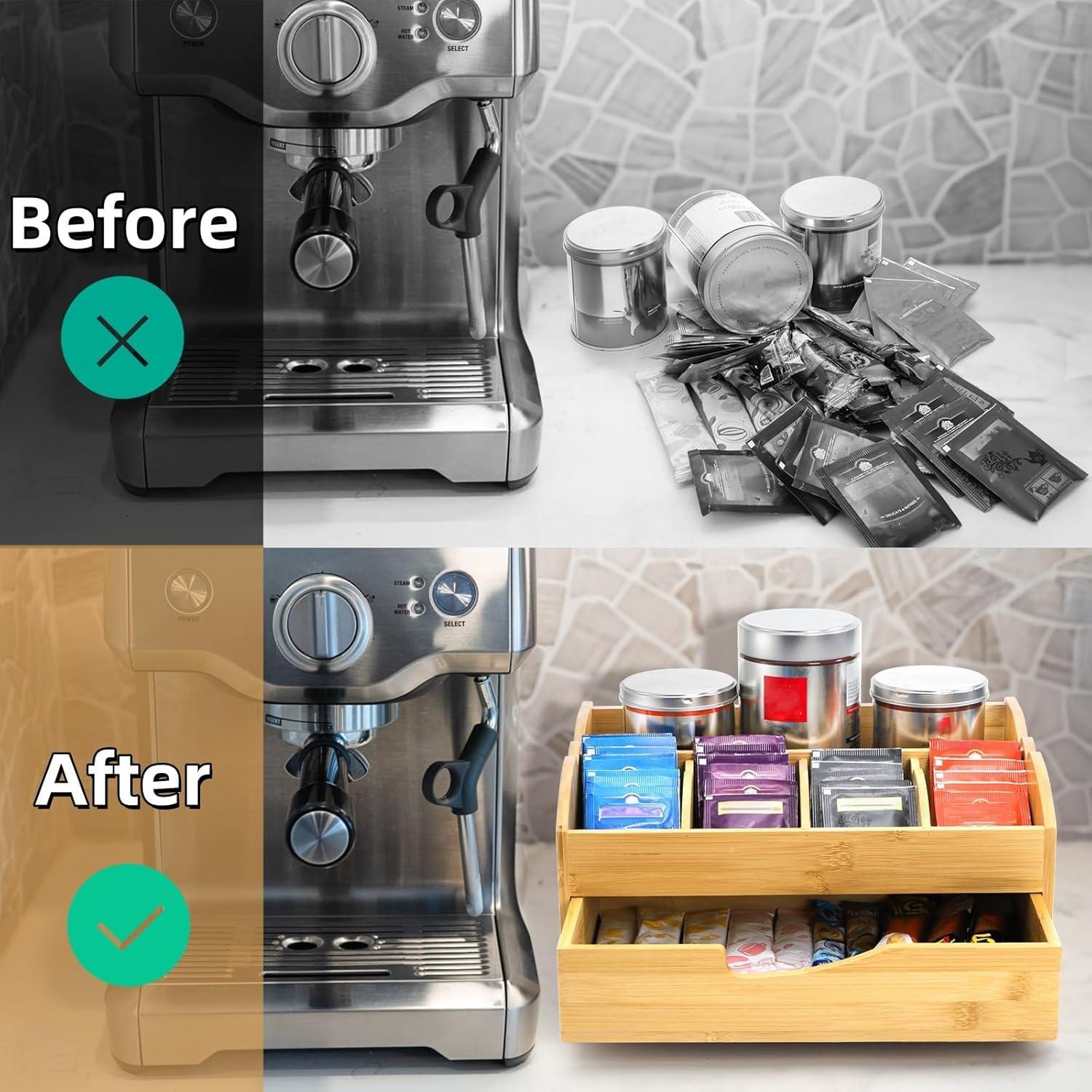 Organizador de Café Covzoe de Bambú con Cajón y 5 Compartimentos