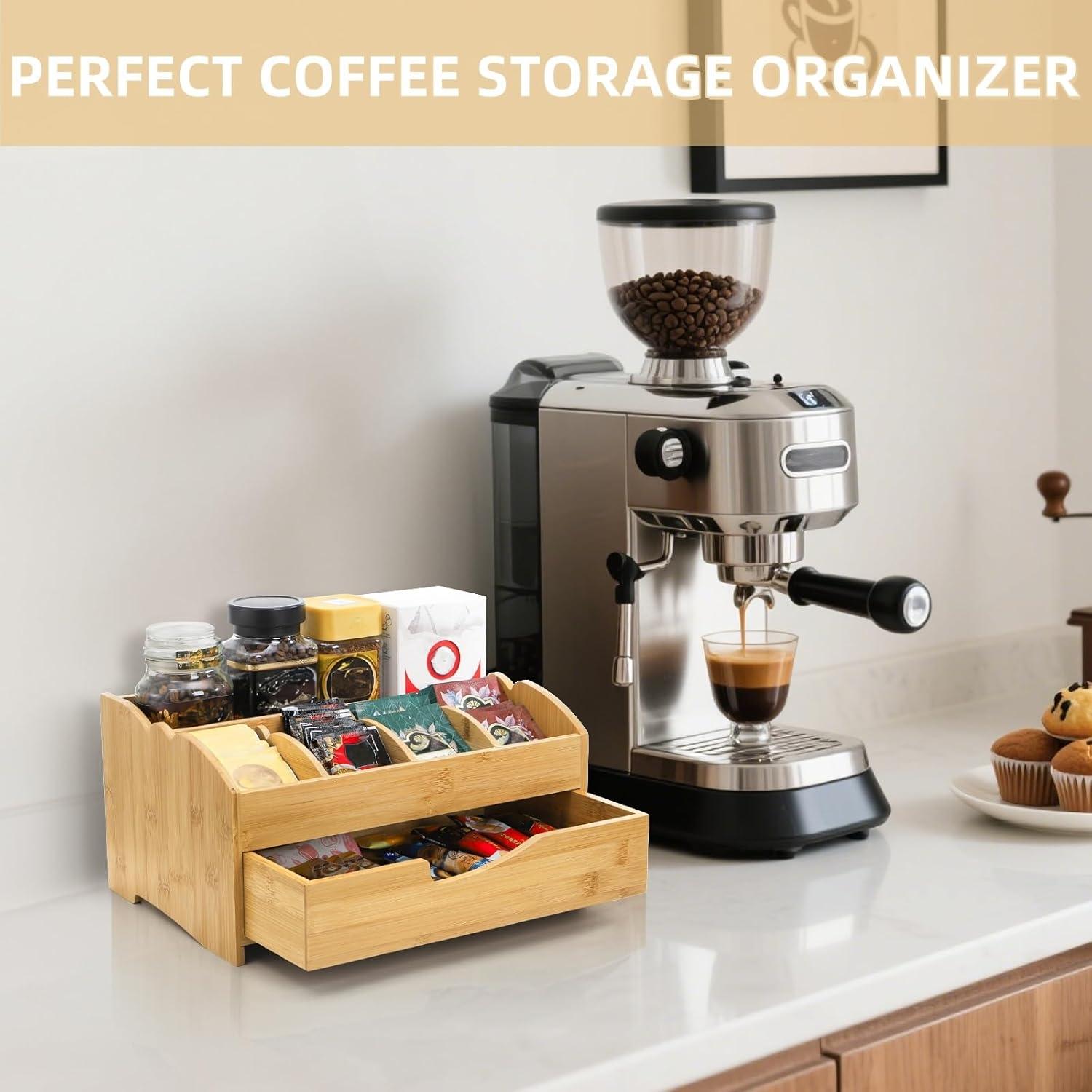 Organizador de Café Covzoe de Bambú con Cajón y 5 Compartimentos