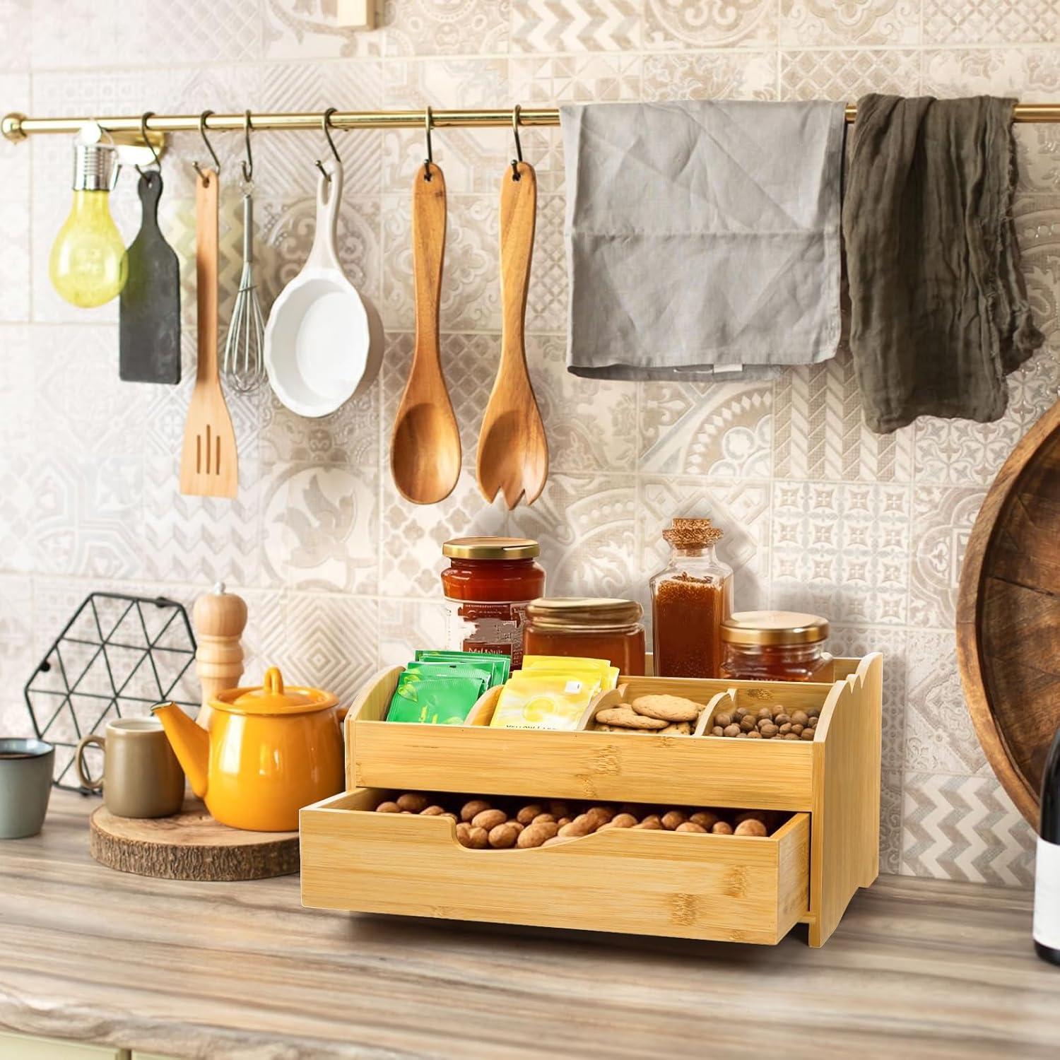 Organizador de Café Covzoe de Bambú con Cajón y 5 Compartimentos