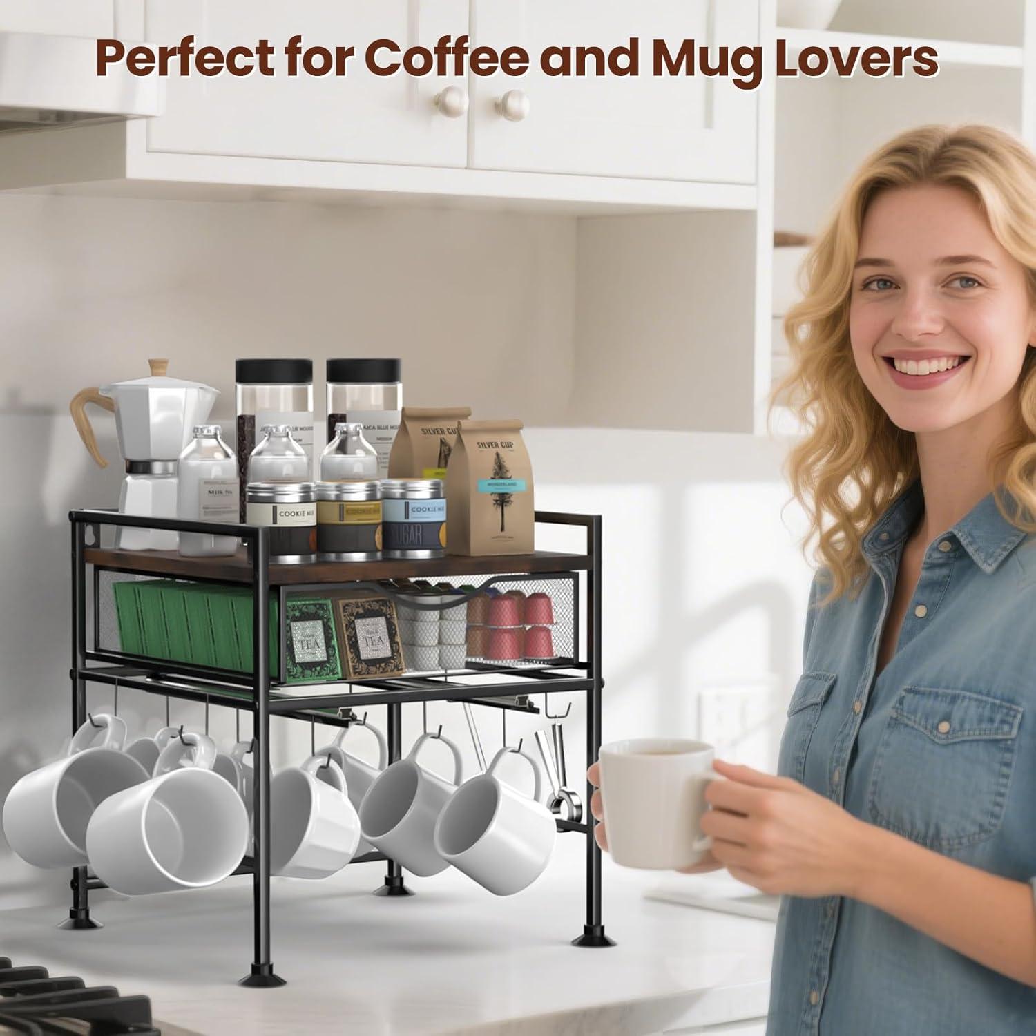 Organizador de Café Kssiaz con Soporte para Tazas y Cajón