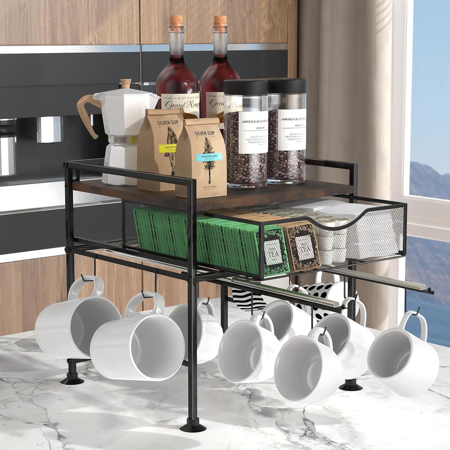 Organizador de Café Kssiaz con Soporte para Tazas y Cajón