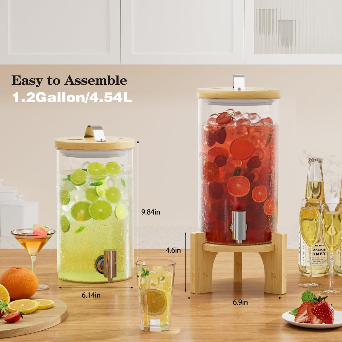 Dispensador de Bebidas de Vidrio VOVUVK 4.54L con Soporte de Bambú