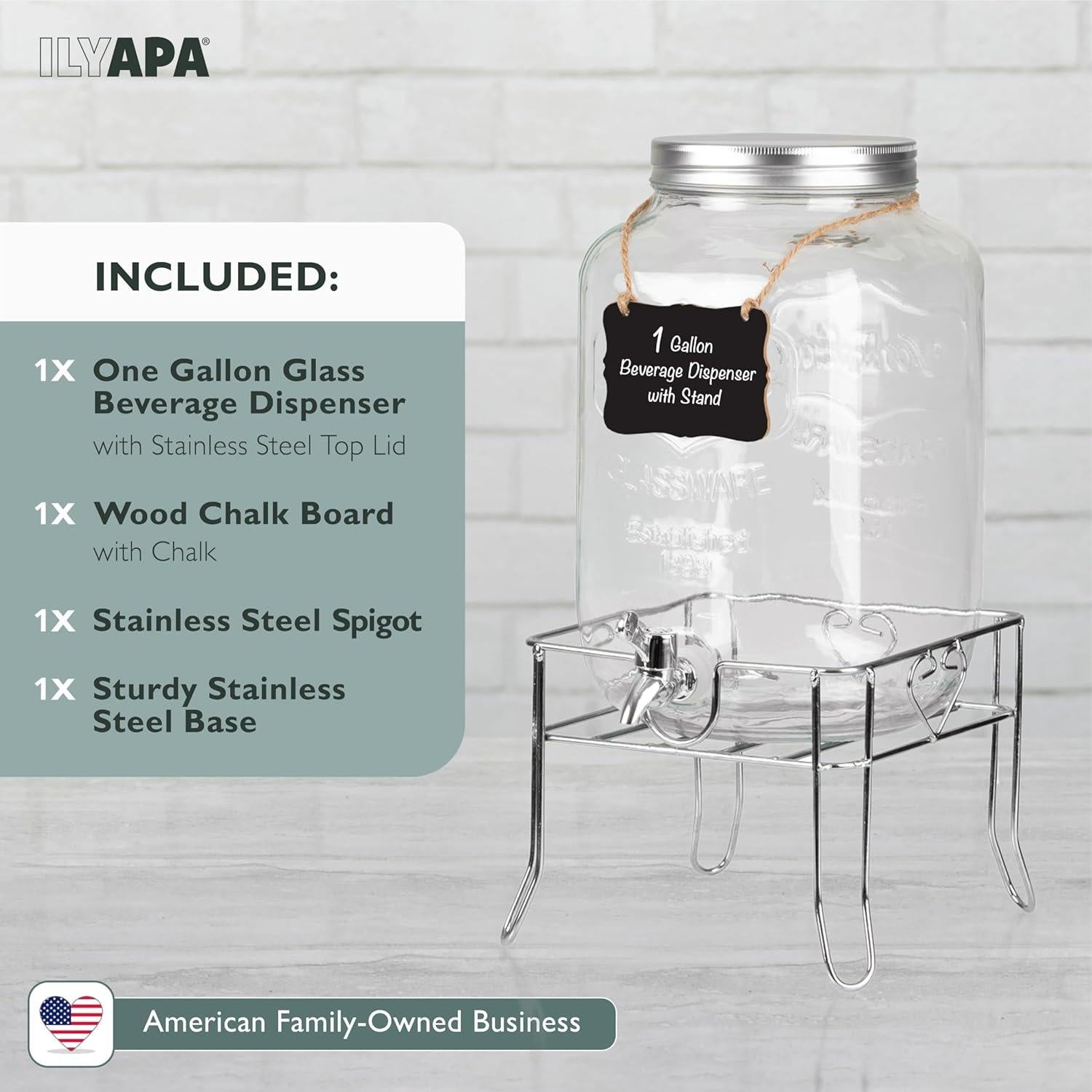 Dispensador de Bebidas de Vidrio Ilyapa 3.78L con Base de Metal