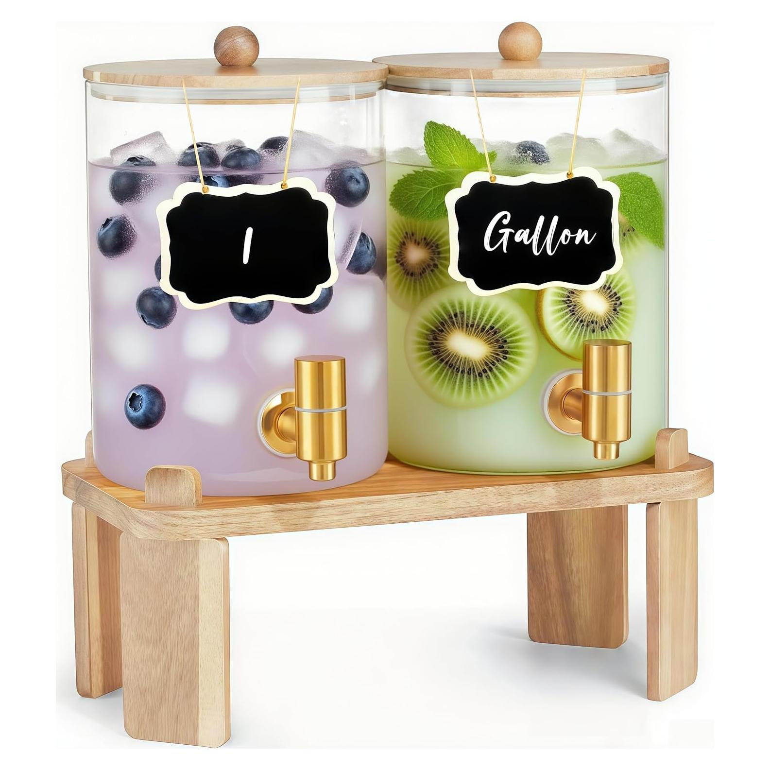 Juego de 2 dispensadores de vidrio FLFNB 3.78L con soporte de madera