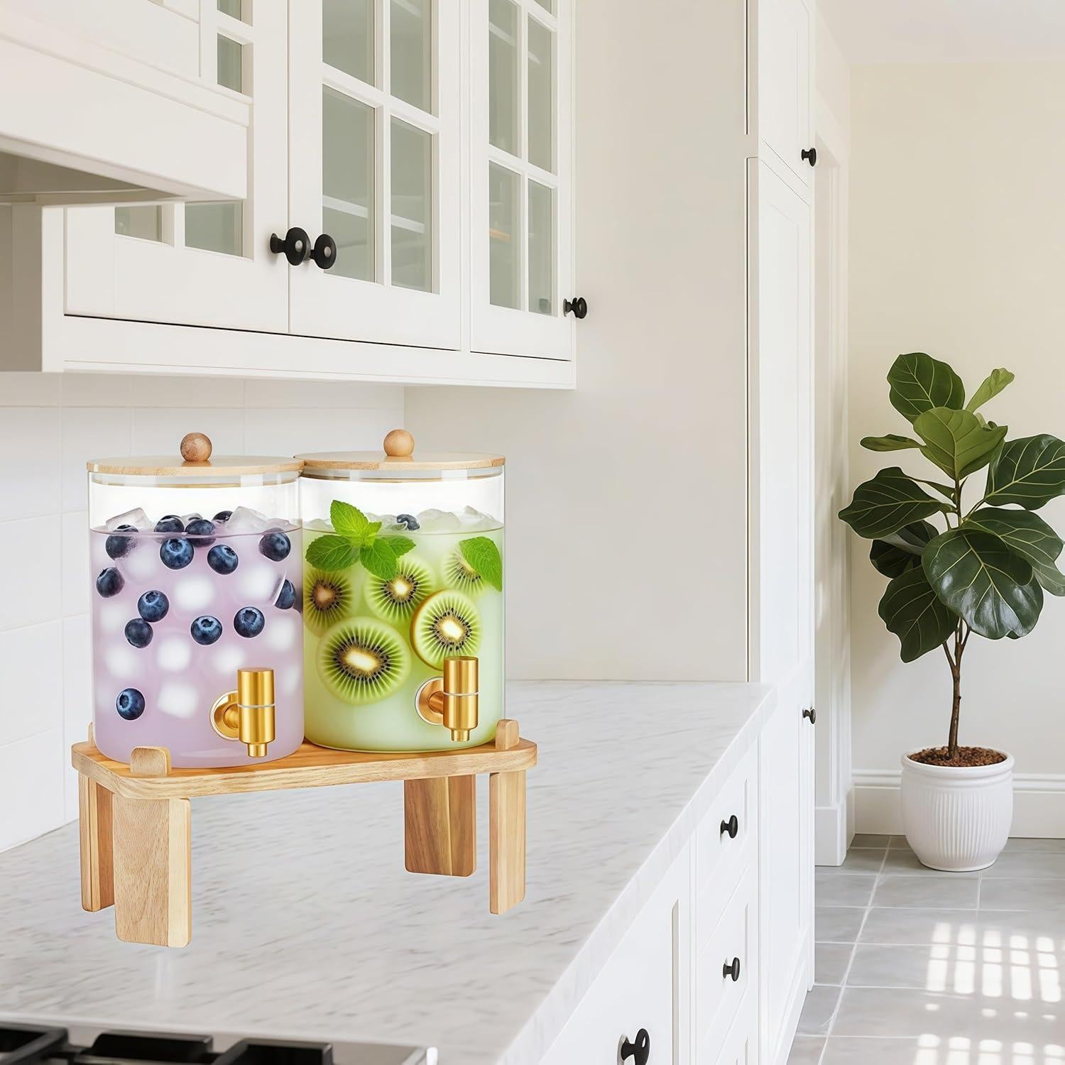 Juego de 2 dispensadores de vidrio FLFNB 3.78L con soporte de madera