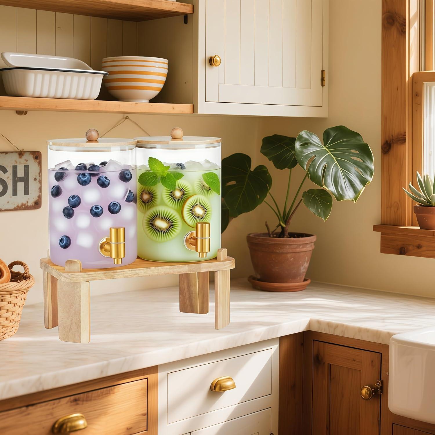 Juego de 2 dispensadores de vidrio FLFNB 3.78L con soporte de madera