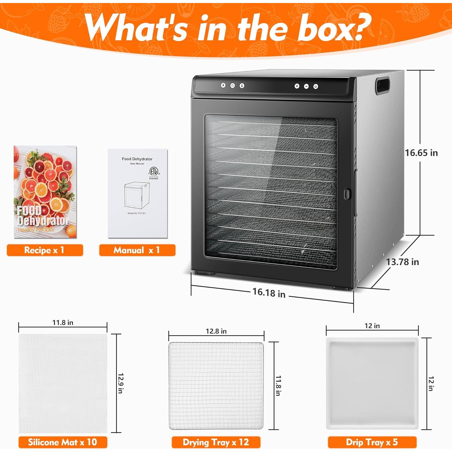 Deshidratador de Alimentos Amzgachfktch 12 Bandejas Acero Inoxidable 1300W