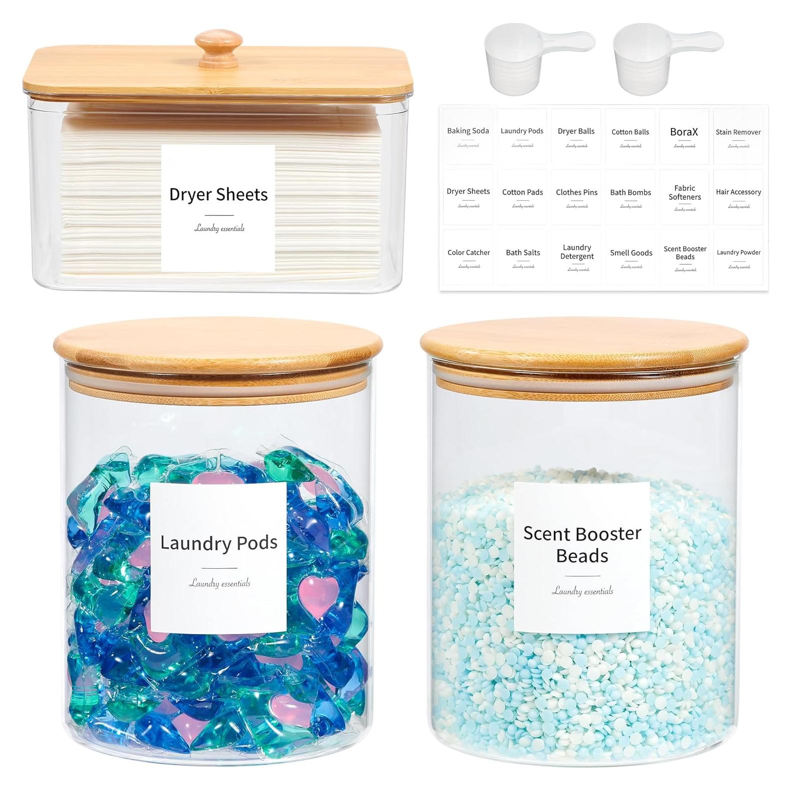 Contenedor de Lavandería KitHero con Tapa de Bambú y 2 Tarros de Vidrio