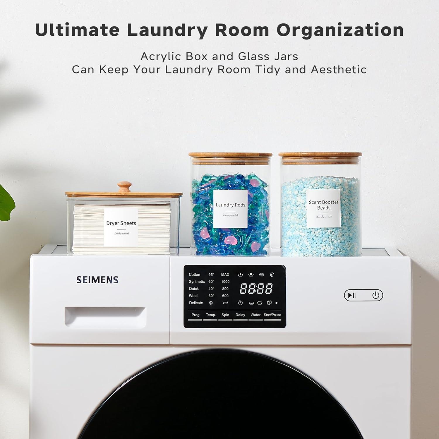 Contenedor de Lavandería KitHero con Tapa de Bambú y 2 Tarros de Vidrio