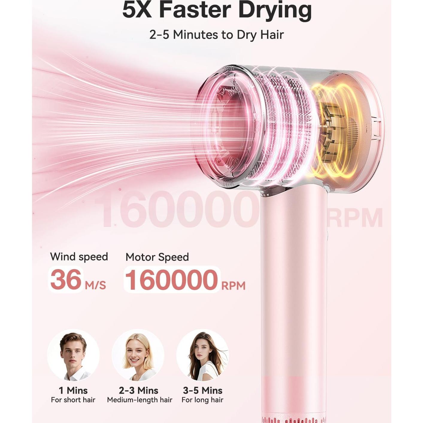 Secador de Pelo Iónico Tailulu 160000 RPM Rosa Portátil