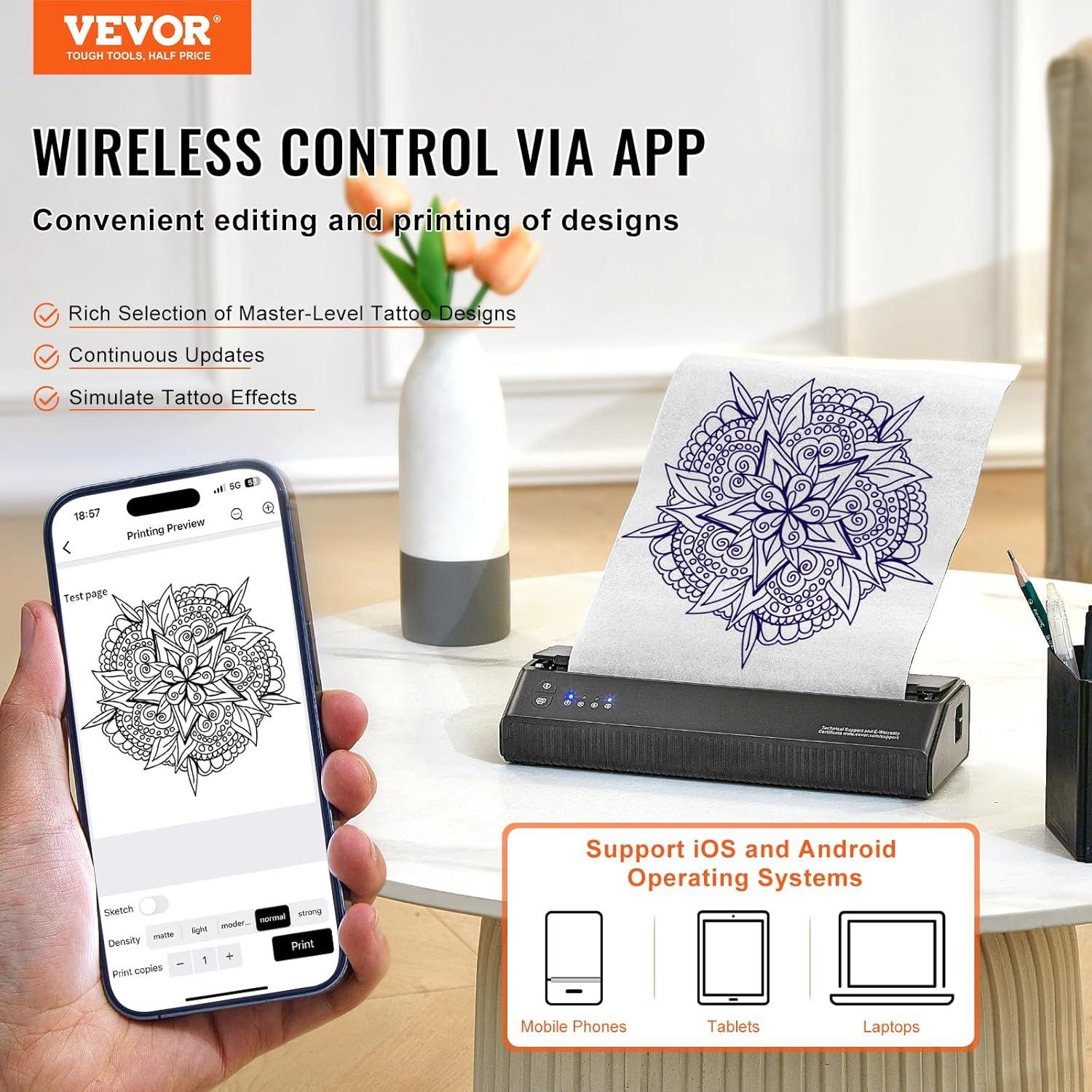 Impresora de Plantillas de Tatuaje VEVOR Bluetooth 2500mAh