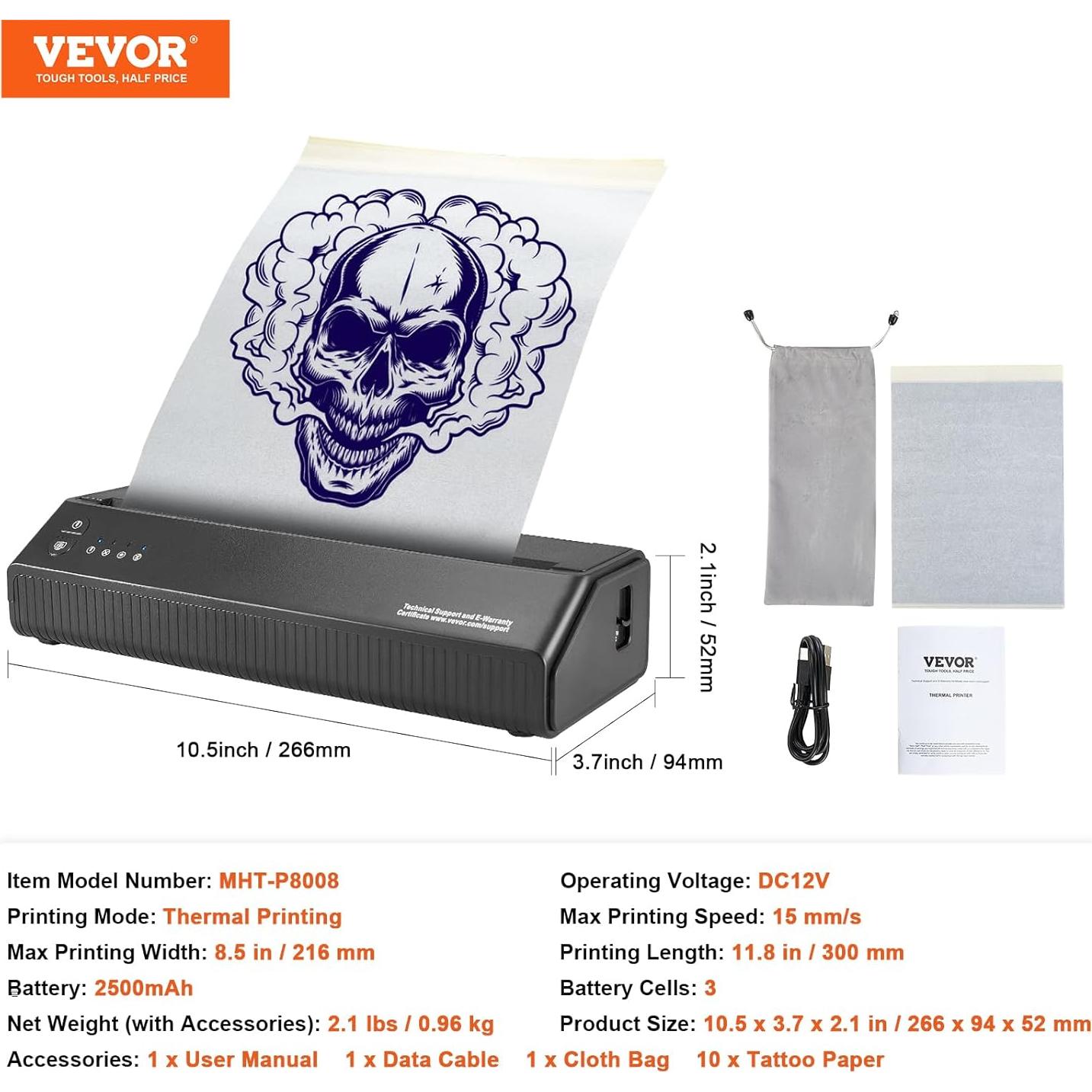 Impresora de Plantillas de Tatuaje VEVOR Bluetooth 2500mAh