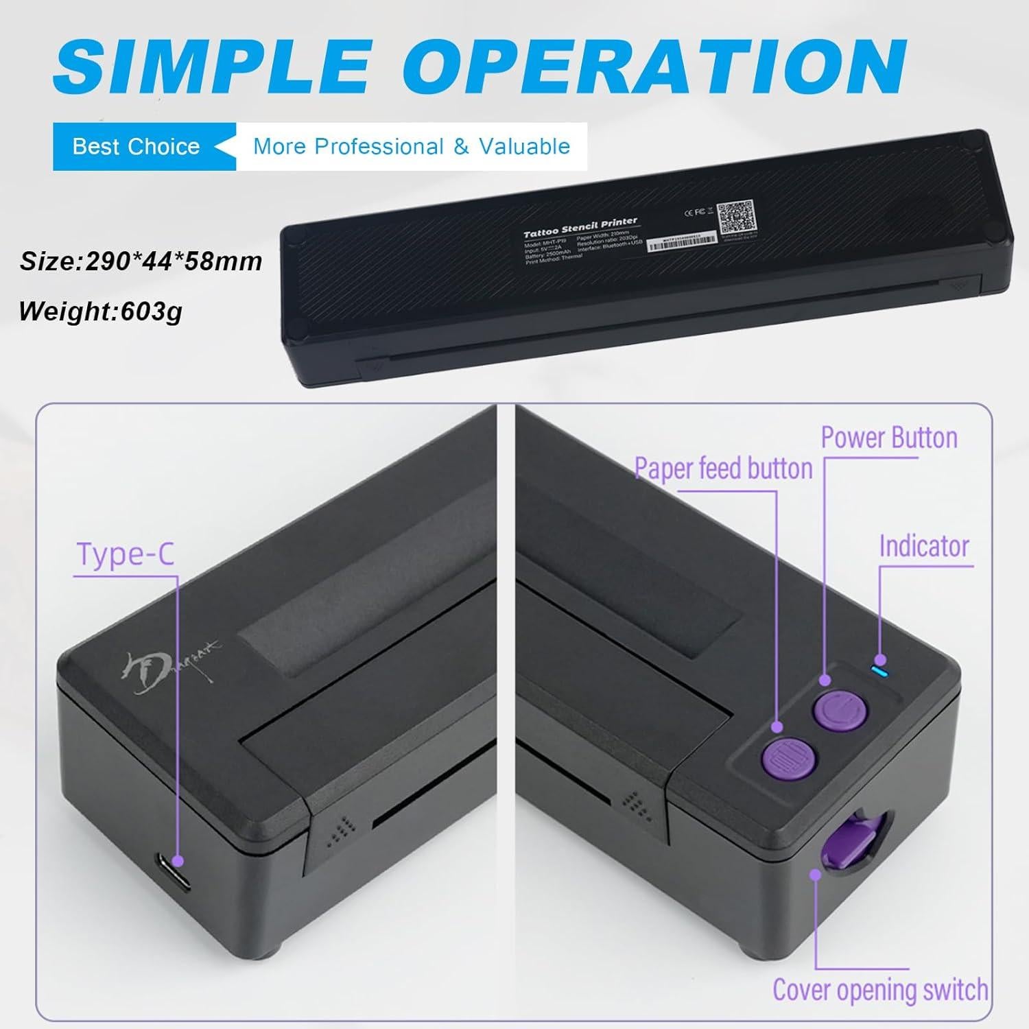 Impresora de Plantillas de Tatuaje Emalla P8006 Bluetooth 2500mAh