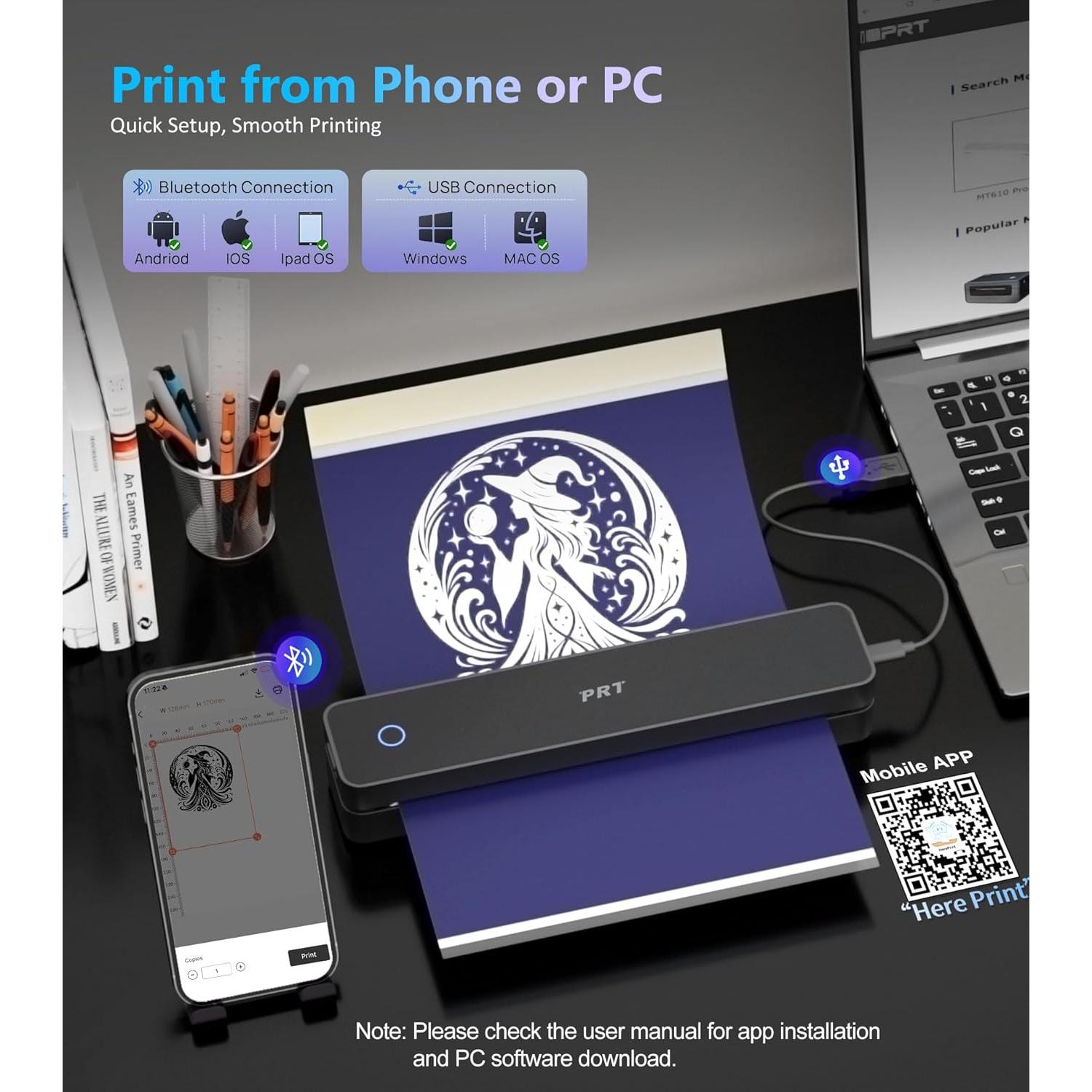 MT660 Tattoo Stencil Printer with 10pcs Transfer Paper, Wireless Thermal Tattoo Transfer Printer, Bluetooth Portable Tattoo Machine for Beginners, iOS, Android, Laptop for Car, Office, Home, Black