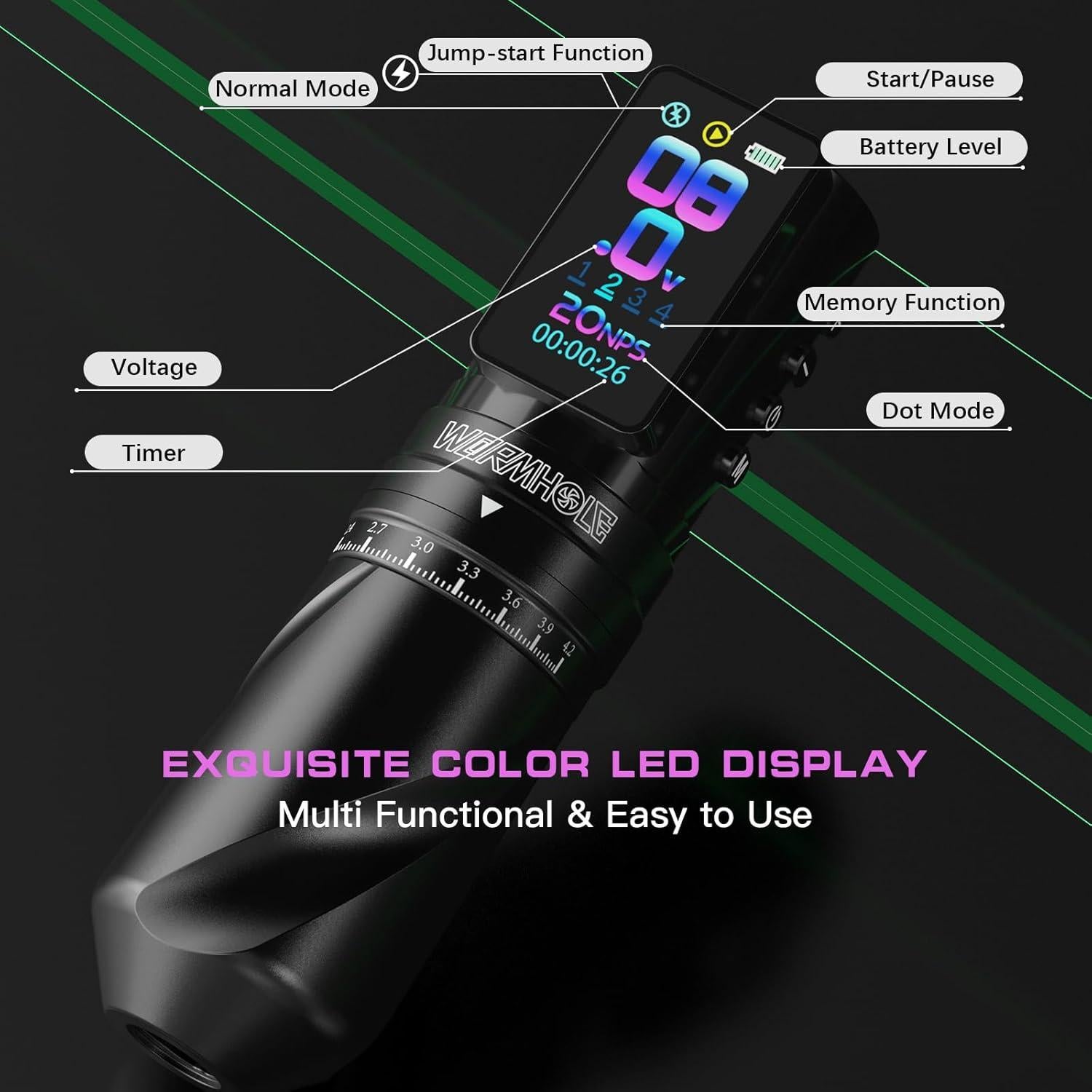 Máquina de Tatuaje Inalámbrica Wormhole WTK381 2300mAh 7 Longitudes