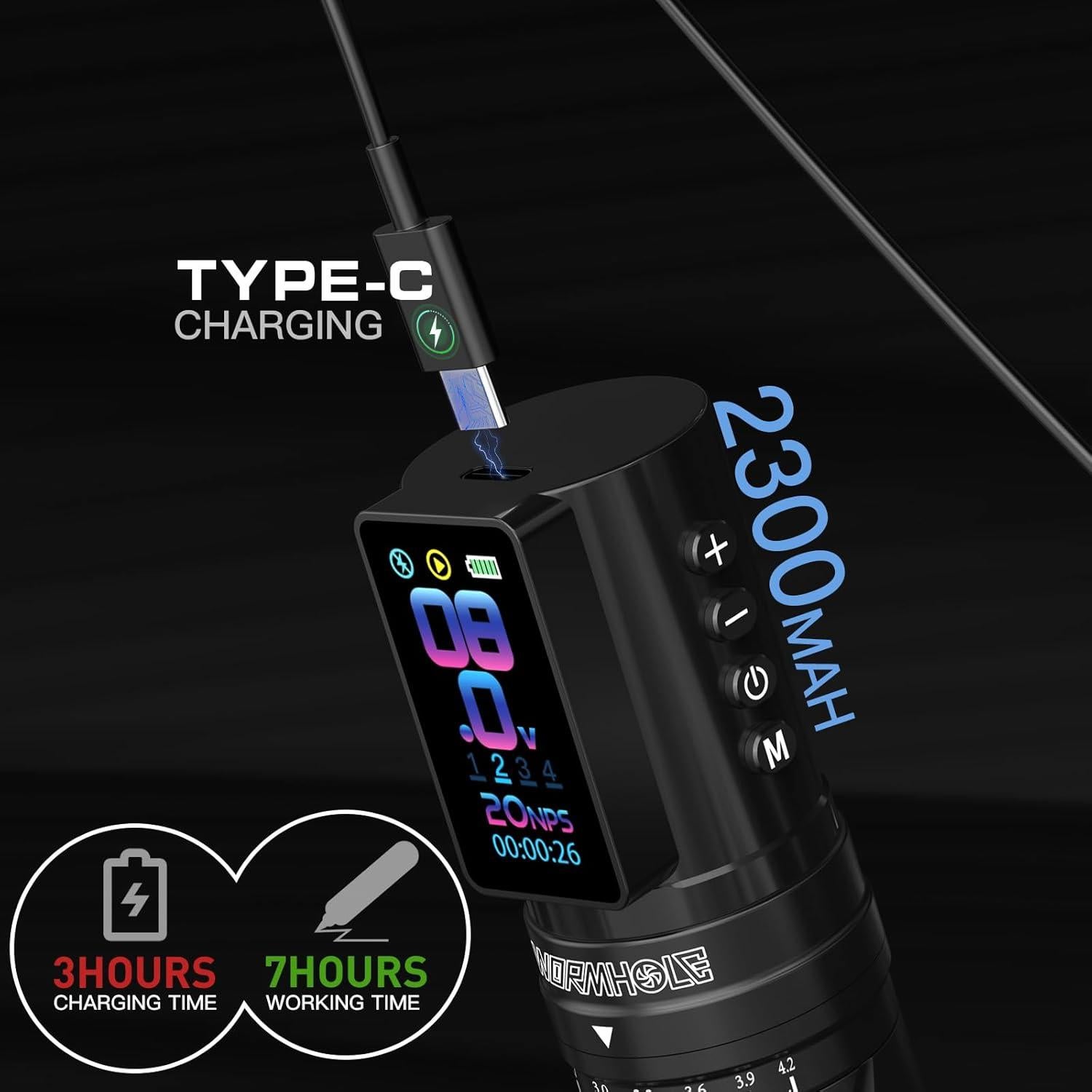 Máquina de Tatuaje Inalámbrica Wormhole WTK381 2300mAh 7 Longitudes