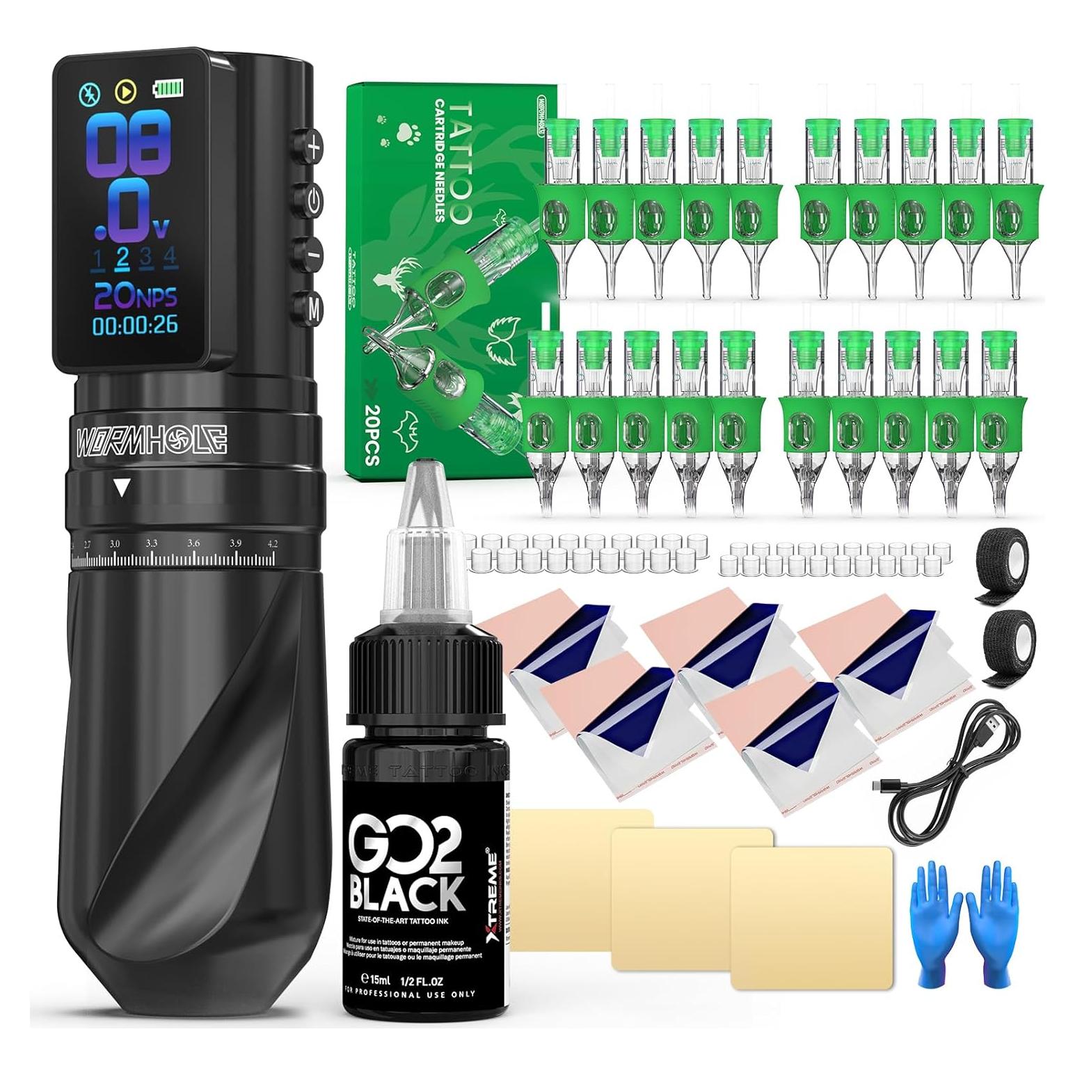 Kit de Máquina de Tatuaje Inalámbrica Wormhole 2300mAh 73 Piezas