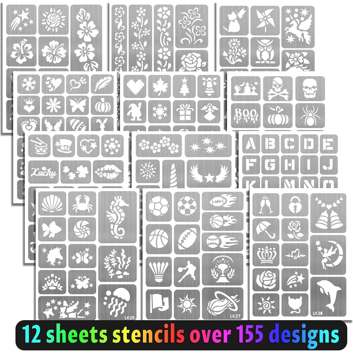 Marcadores de Tatuajes Temporales Metuu - 12 Colores y 155 Diseños