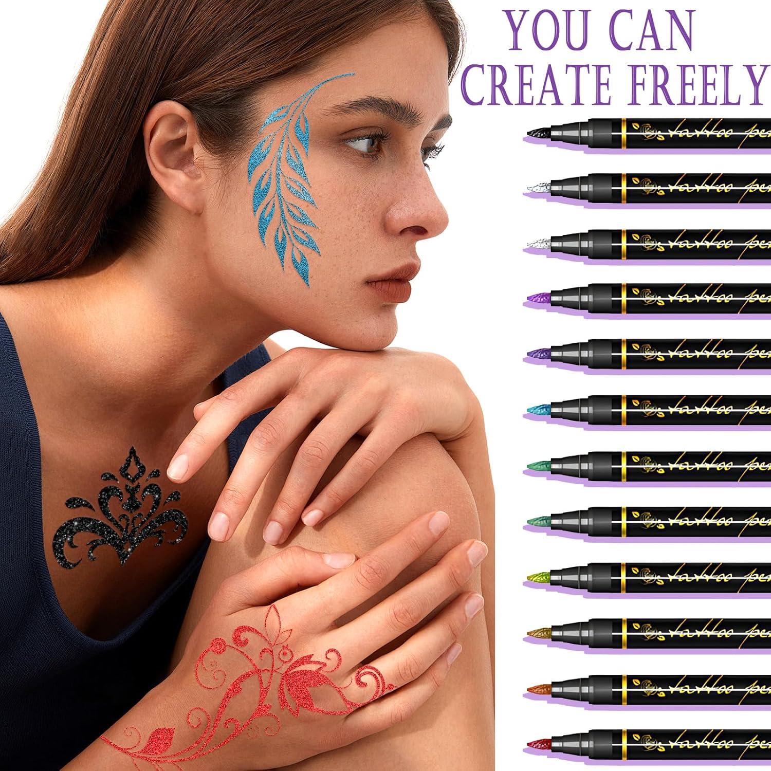 Marcadores de Tatuajes Temporales Metuu - 12 Colores y 155 Diseños