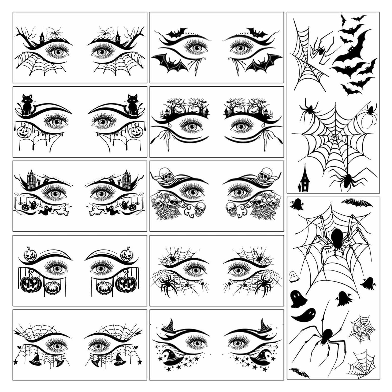 12 Hojas Tatuajes Temporales Halloween Hotoyannia - Telaraña y Murciélago