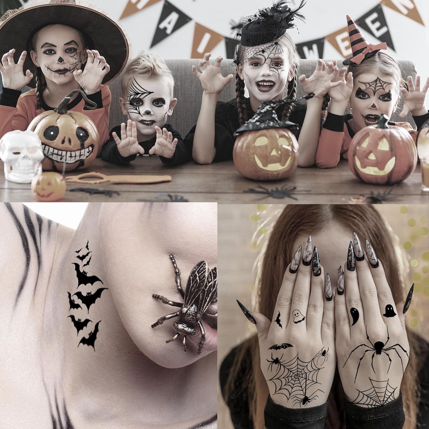 12 Hojas Tatuajes Temporales Halloween Hotoyannia - Telaraña y Murciélago