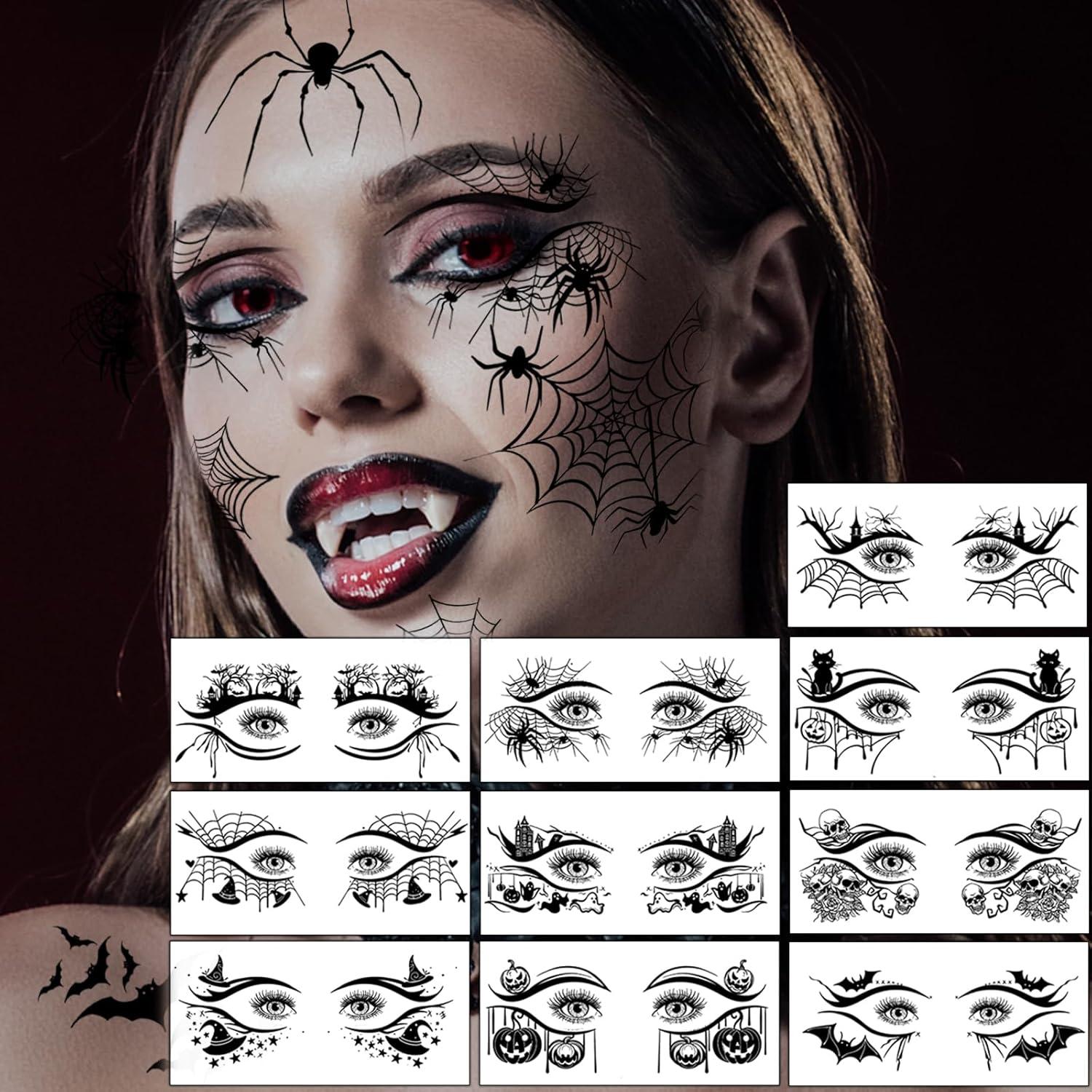 12 Hojas Tatuajes Temporales Halloween Hotoyannia - Telaraña y Murciélago