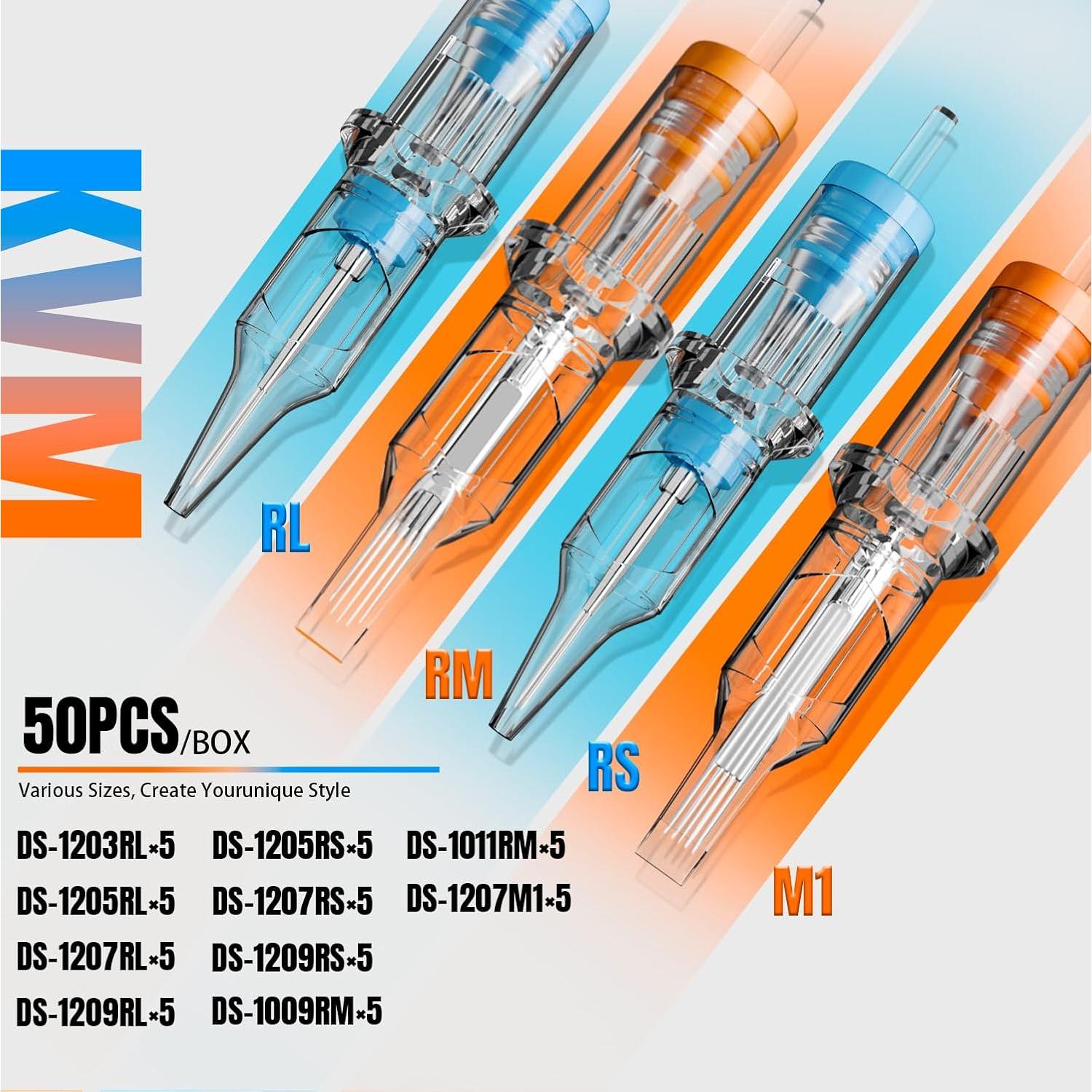 Cartuchos de Aguja de Tatuaje KVM 50 pcs RL RS RM Desinfectados