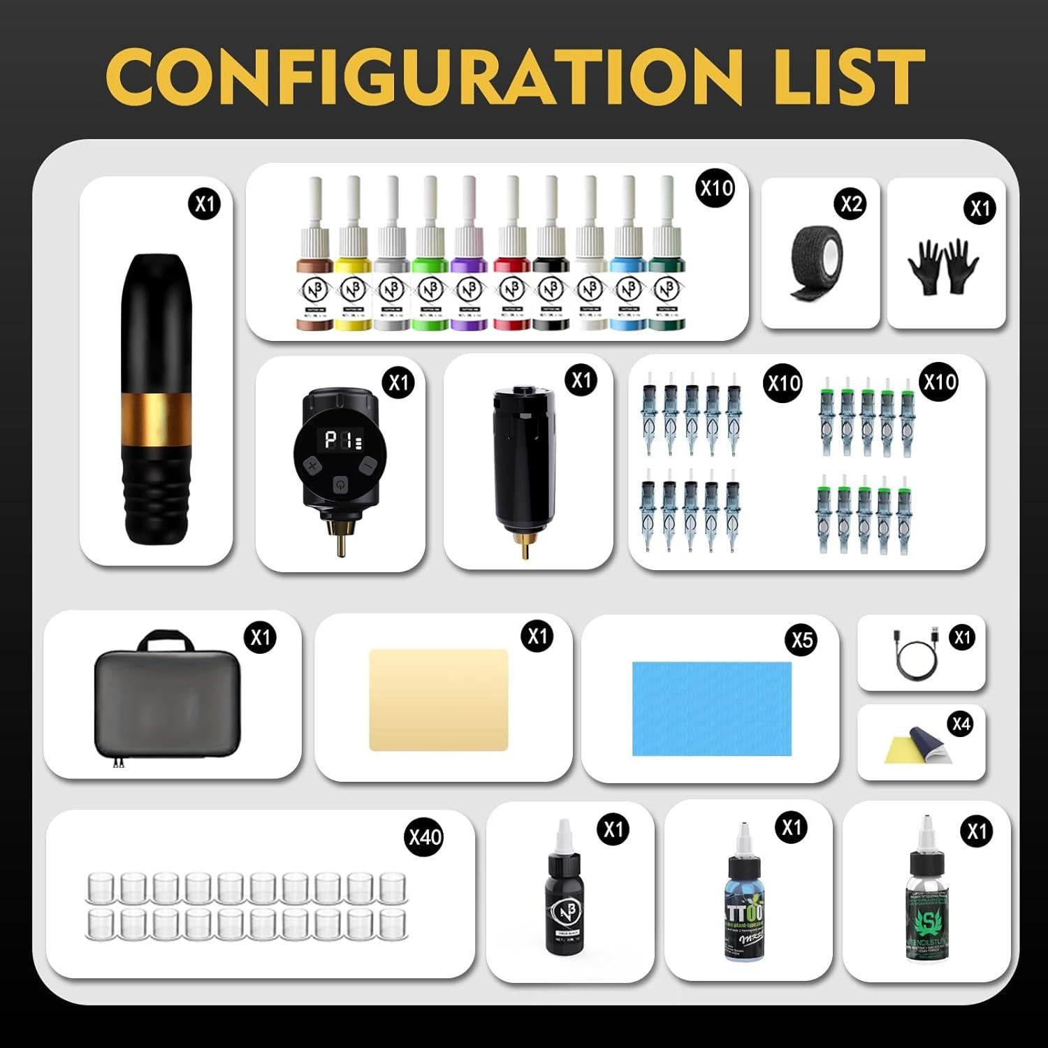 Kit de Tatuaje Inalámbrico NBTA2 con 2 Baterías y Accesorios