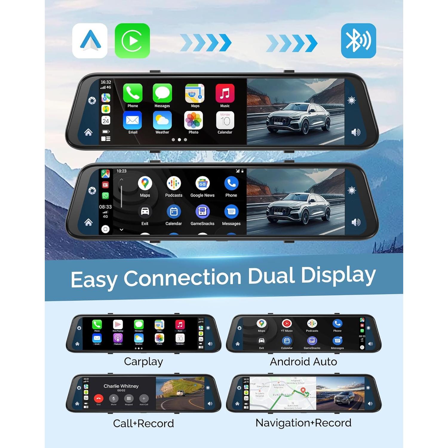 Cámara de Espejo Retrovisor KOUENOM 12" 4K con CarPlay y Android Auto