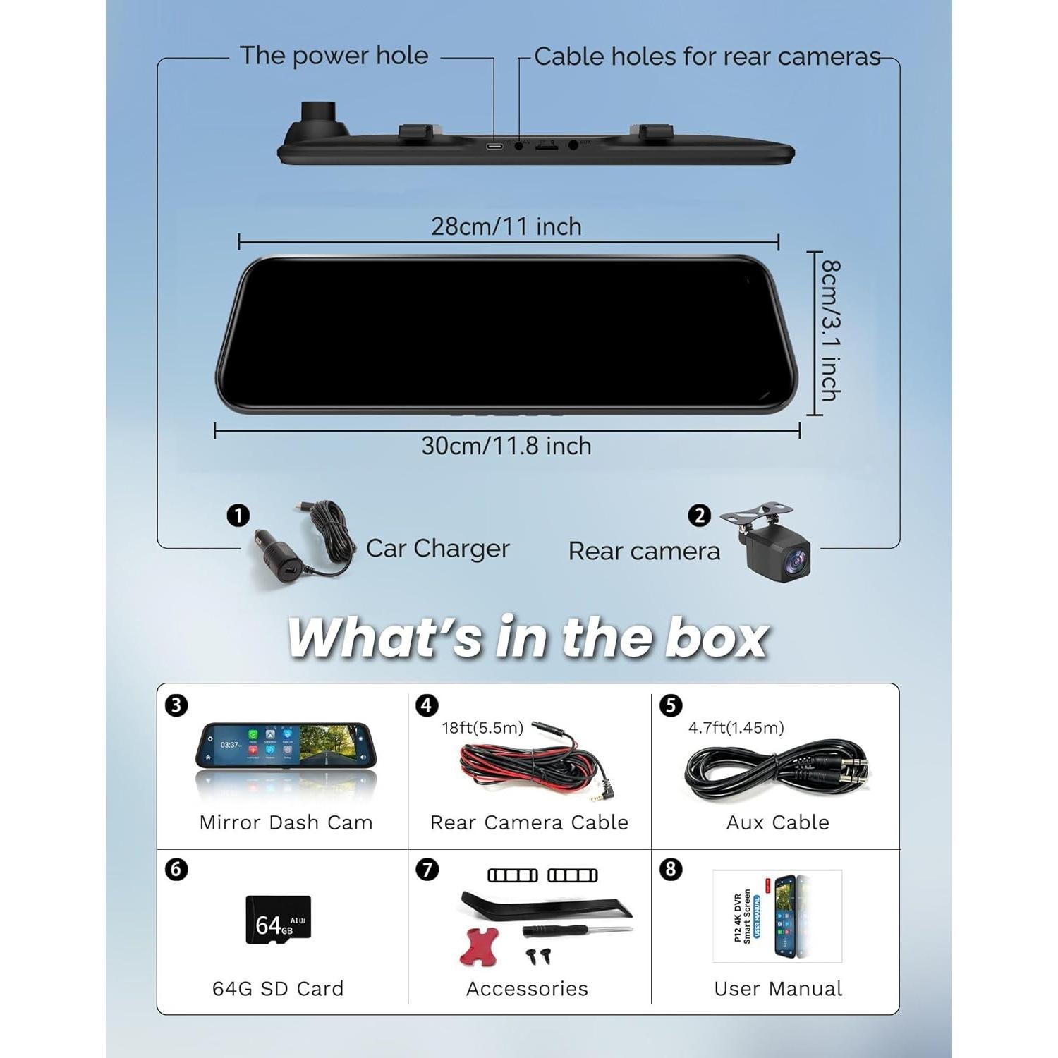 Cámara de Espejo Retrovisor KOUENOM 12" 4K con CarPlay y Android Auto