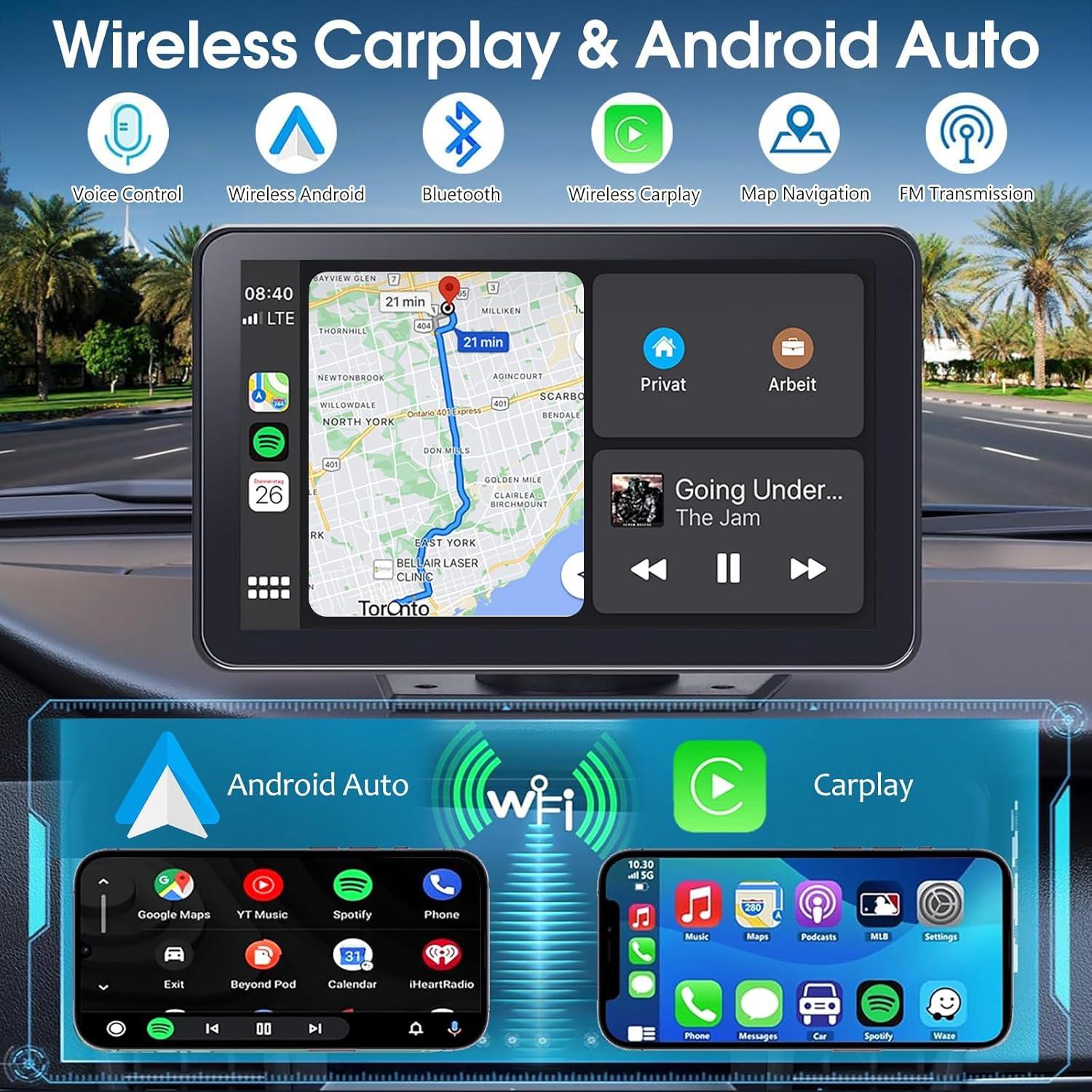Pantalla Carplay Kiswuren 7" HD Inalámbrica con GPS y Cámara