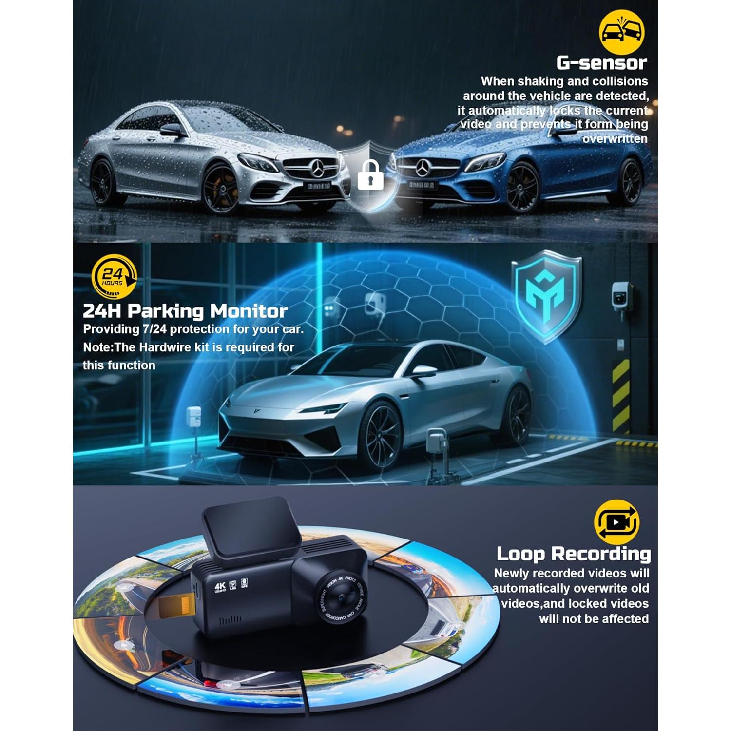 Cámara Dash 4K Estbuc A215 con GPS, WiFi y Pantalla IPS 3.2"