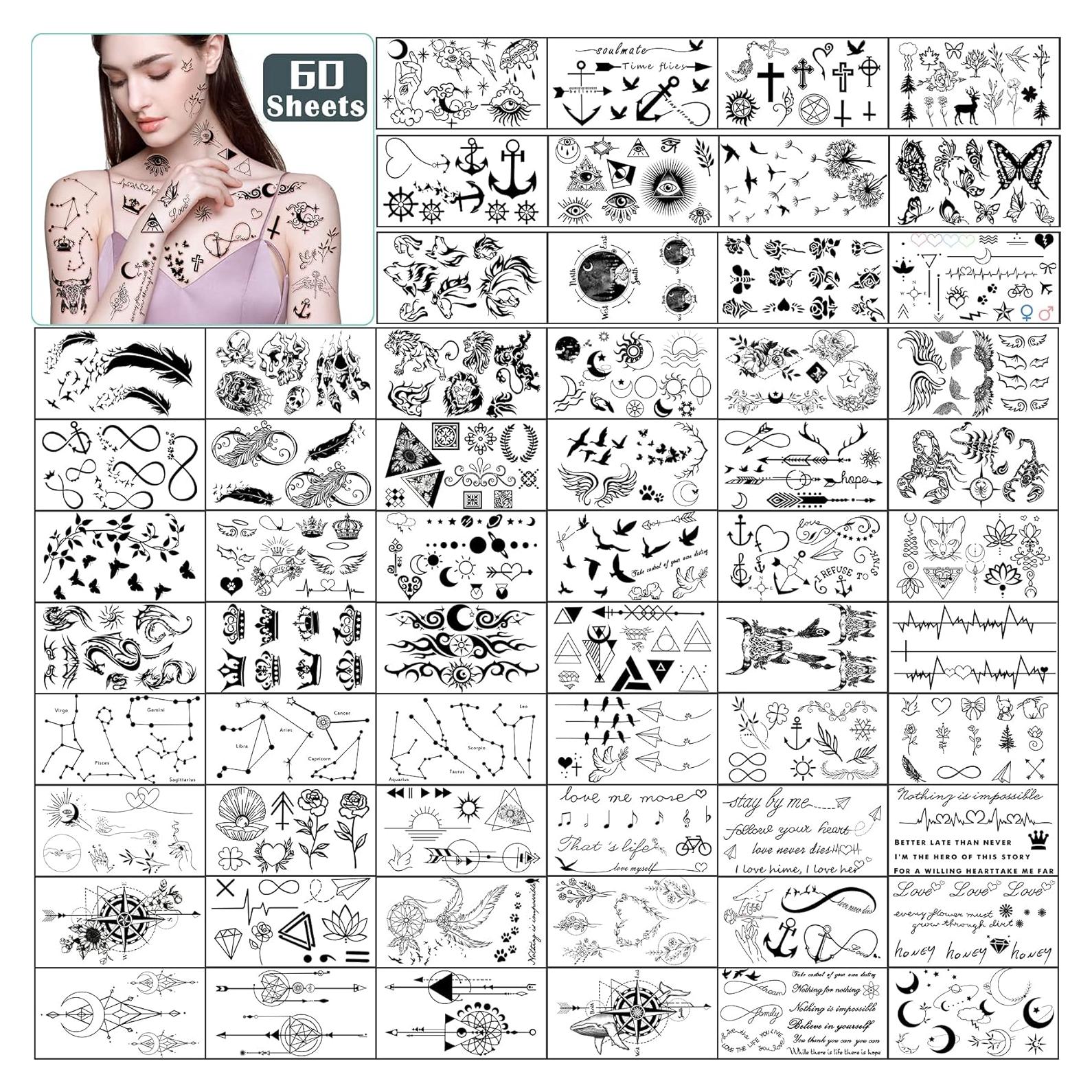 60 Hojas de Tatuajes Temporales Metuu - Diseños Celestiales y Naturales