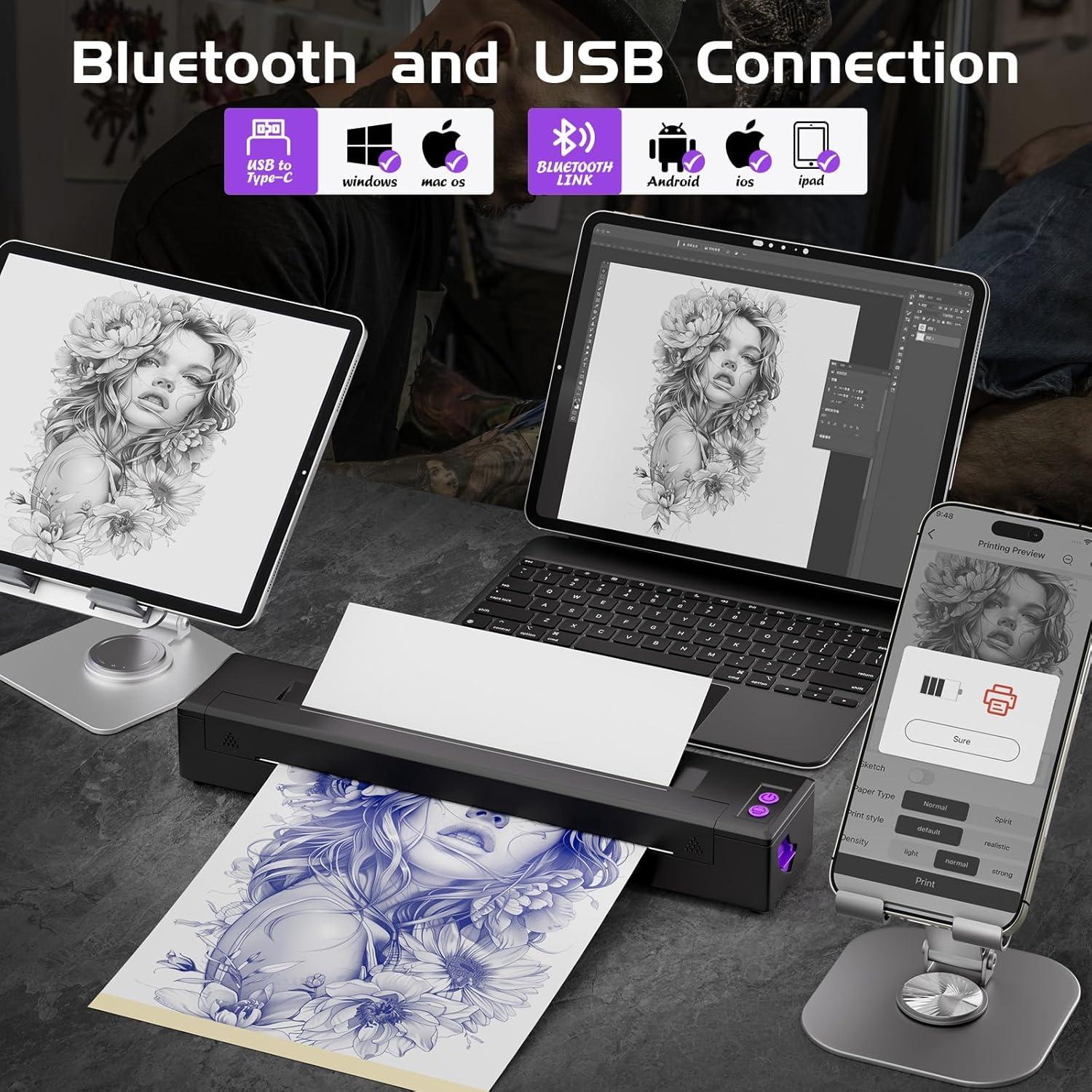 Impresora de Plantillas de Tatuaje Inalámbrica PWRNTGE con 20 Papeles