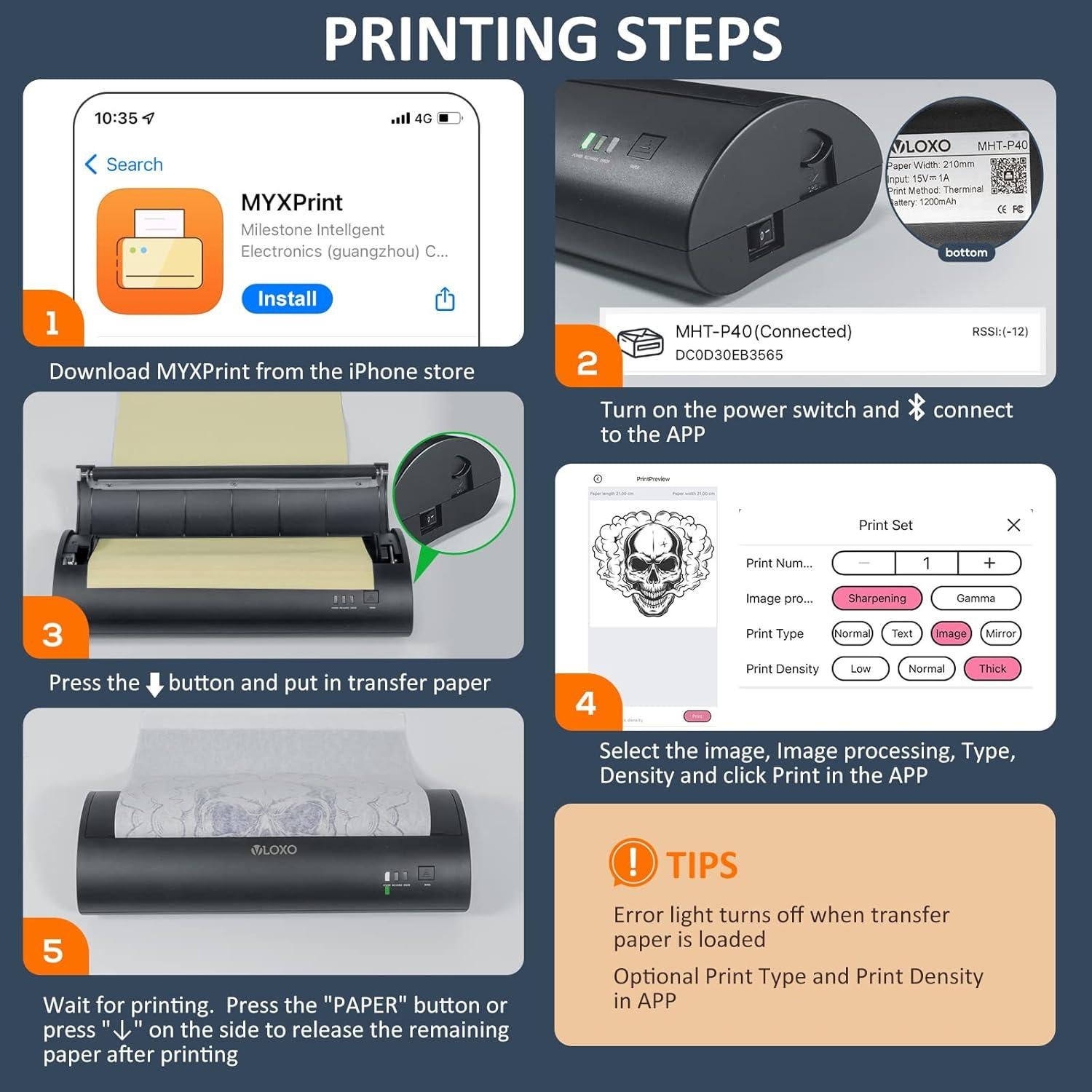 Impresora Térmica Portátil VLOXO P40 Inalámbrica para Tatuajes