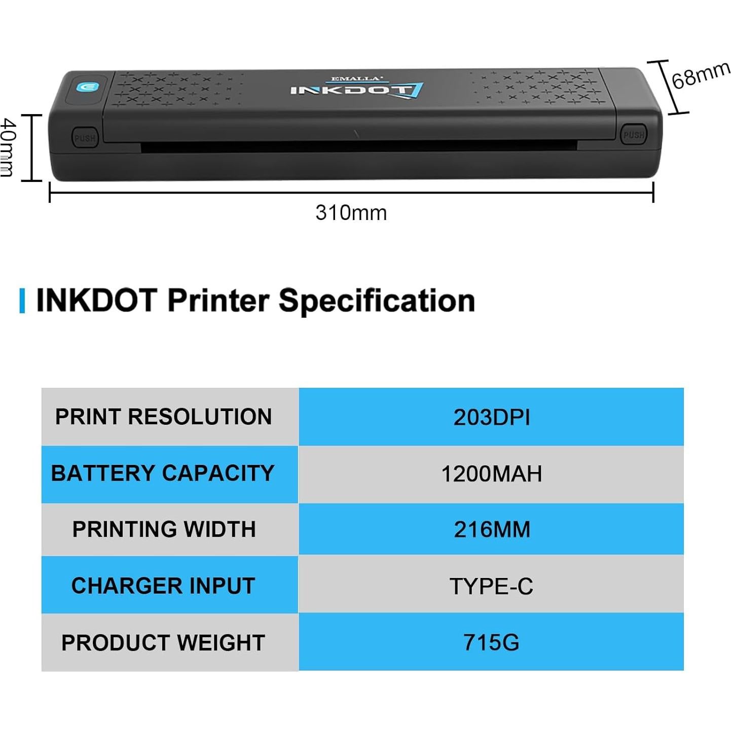 Impresora de Plantillas de Tatuaje Emalla INKDOT Bluetooth 203DPI