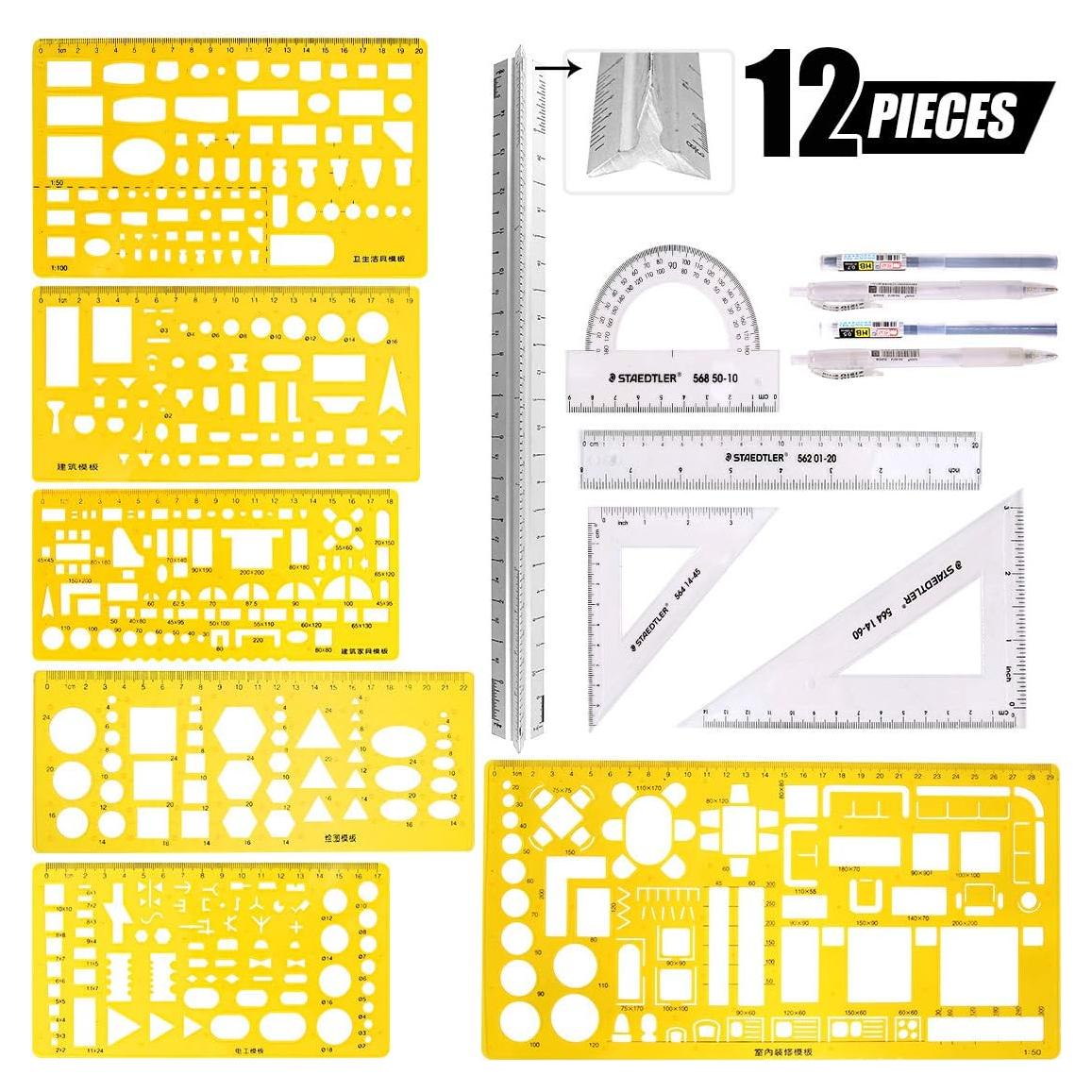 Kit de Plantillas Geométricas Swpeet 12Pcs con Lápices y Reglas