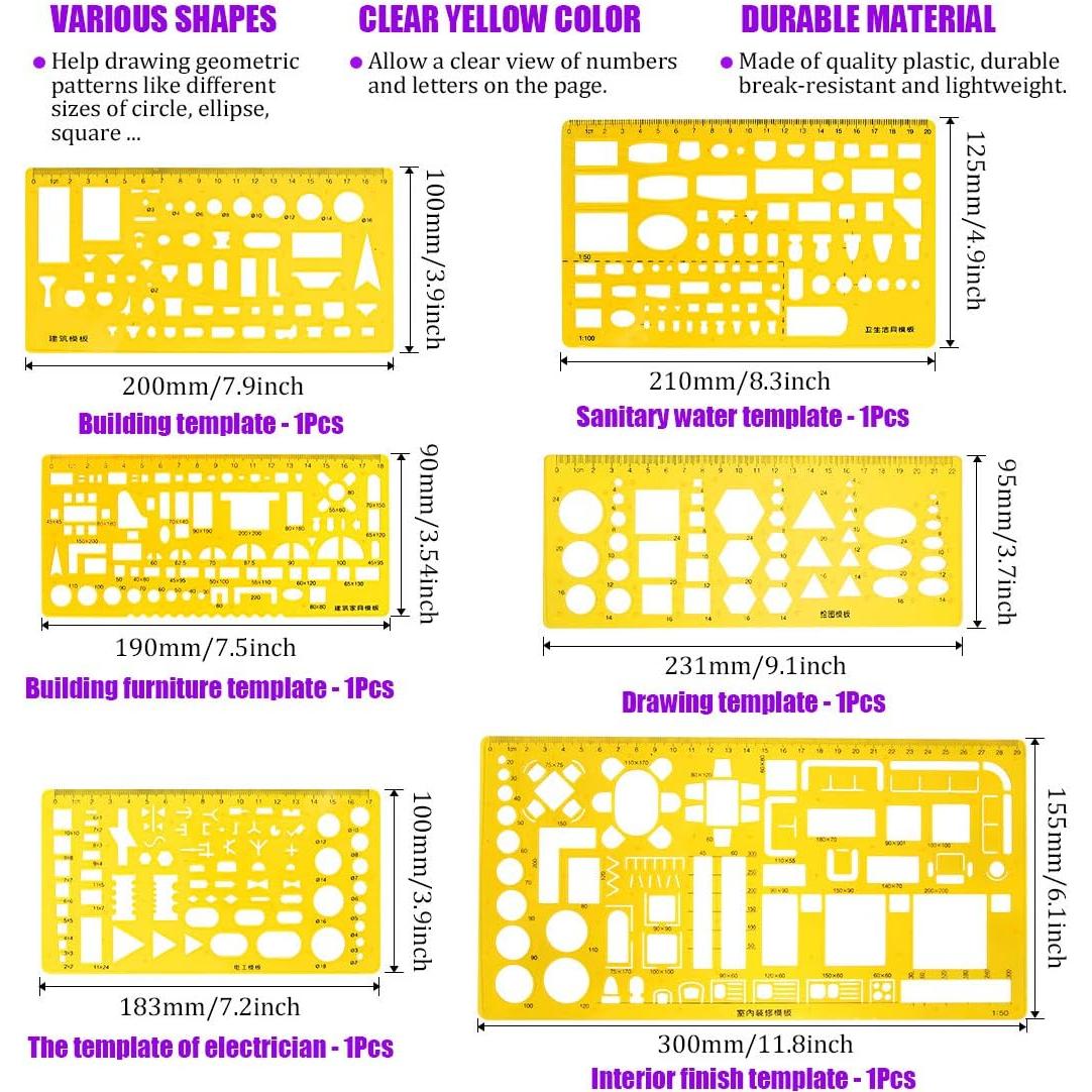 Kit de Plantillas Geométricas Swpeet 12Pcs con Lápices y Reglas