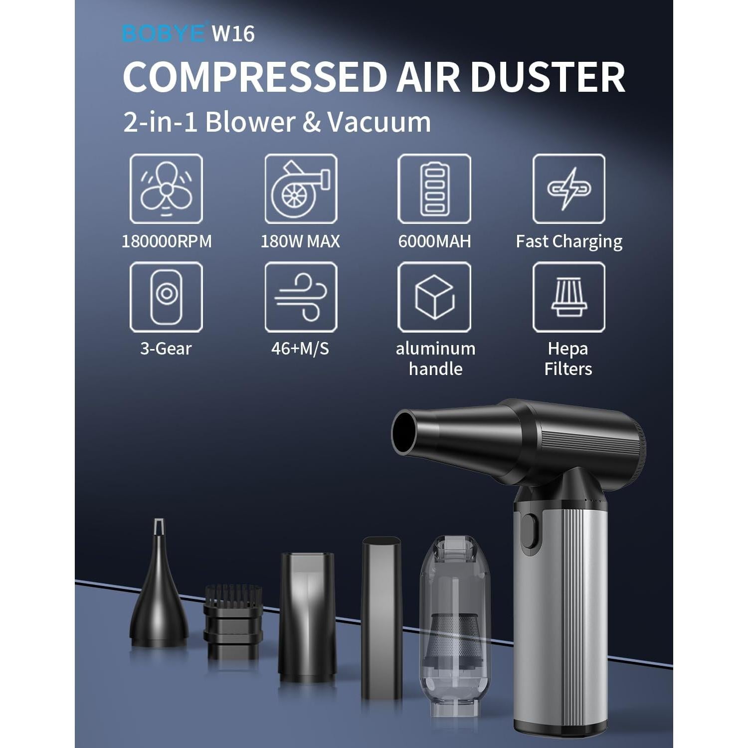Soplador de Aire Comprimido BOBYE W16 180W 2-en-1 con Batería 6000mAh